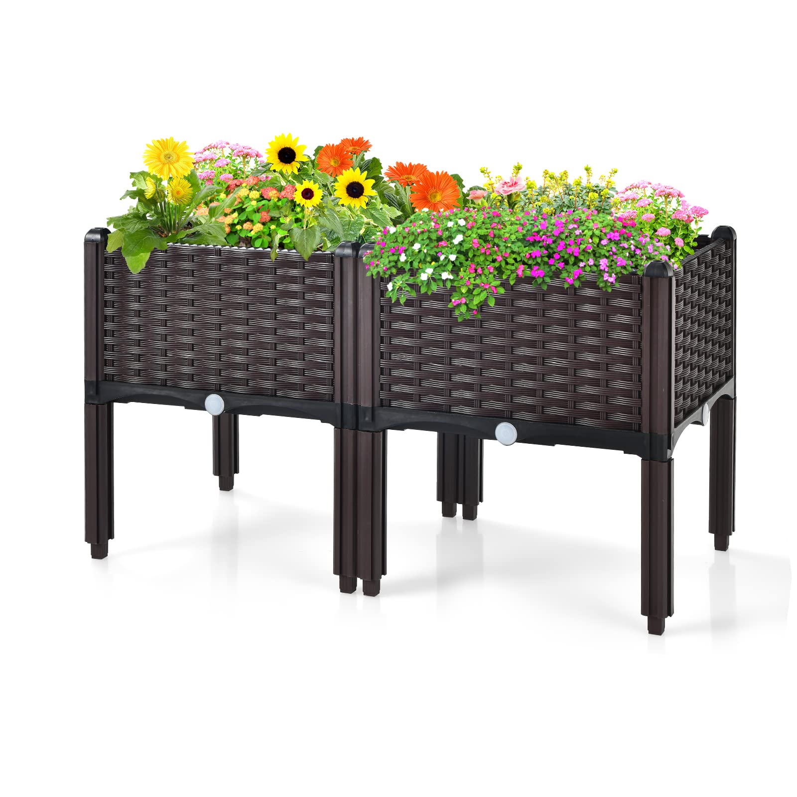 TANGZON Set of 2/4 Garden Raised Bed, Elevated Flower Plant Box with Self-Watering Device and Drainage Holes, Herb Vegetable Planter Container for Yard, Balcony & Patio (2 Sets, Brown)