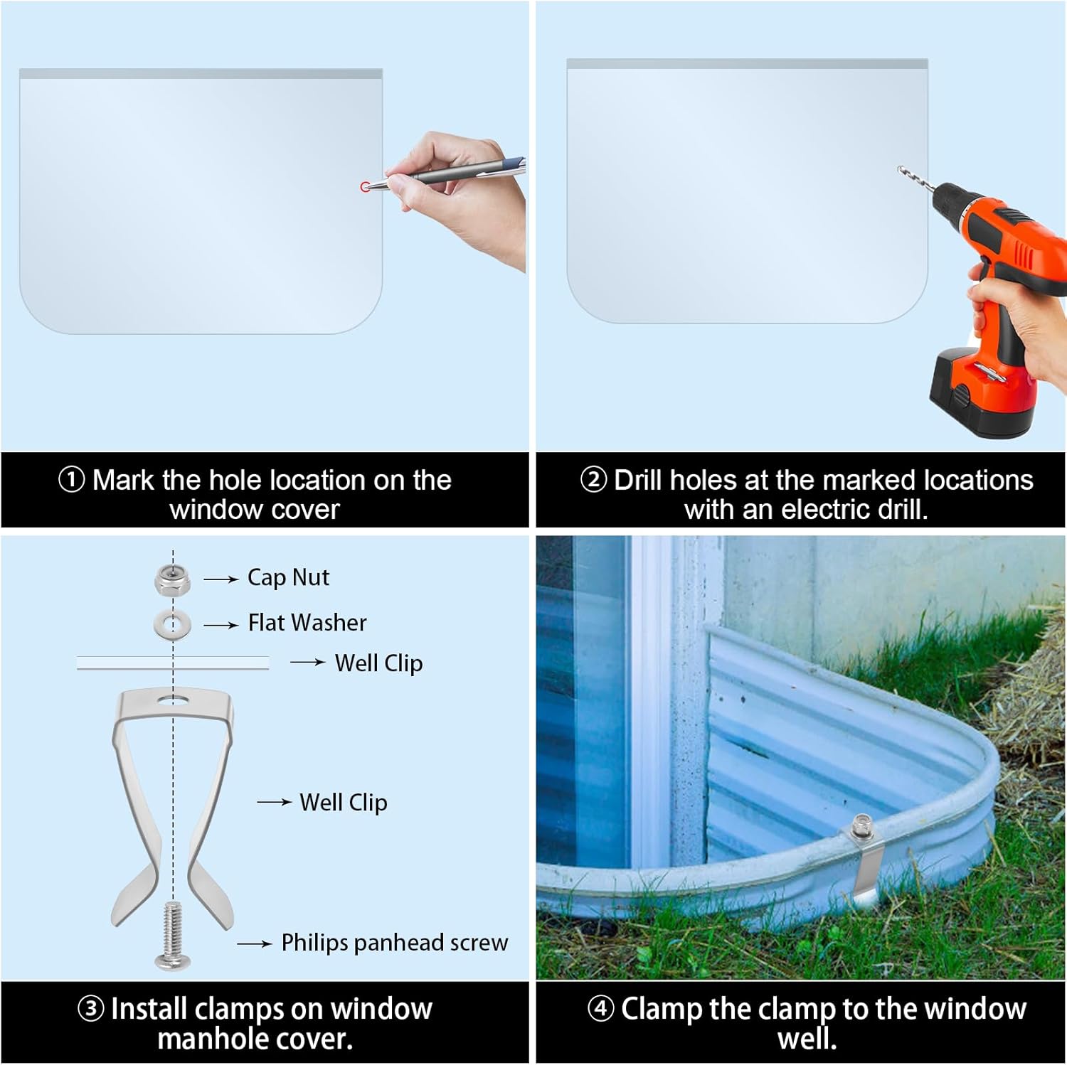 5 Set Window Well Cover Clips, Clips For Window Well Covers, Window Well Cover Hardware for Egress Window Well and Basement Well Covers