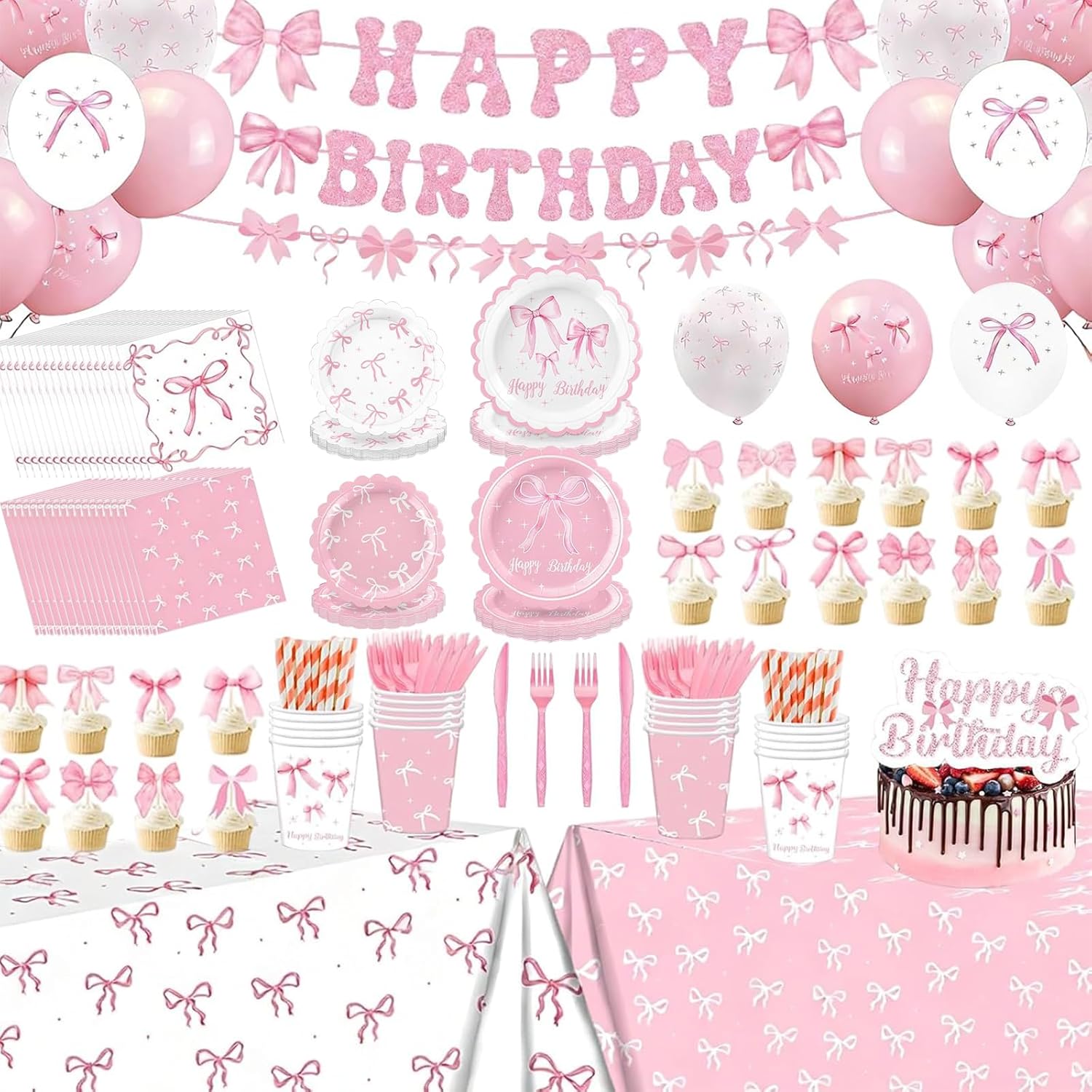Pink Bow Birthday Party Supplies Serve 24, 232pcs Coquette Birthday Decorations Include Plates Napkins Cups Banner Tablecloth Cake Topper Balloons Tableware for Girls Bachelorette Party Decor