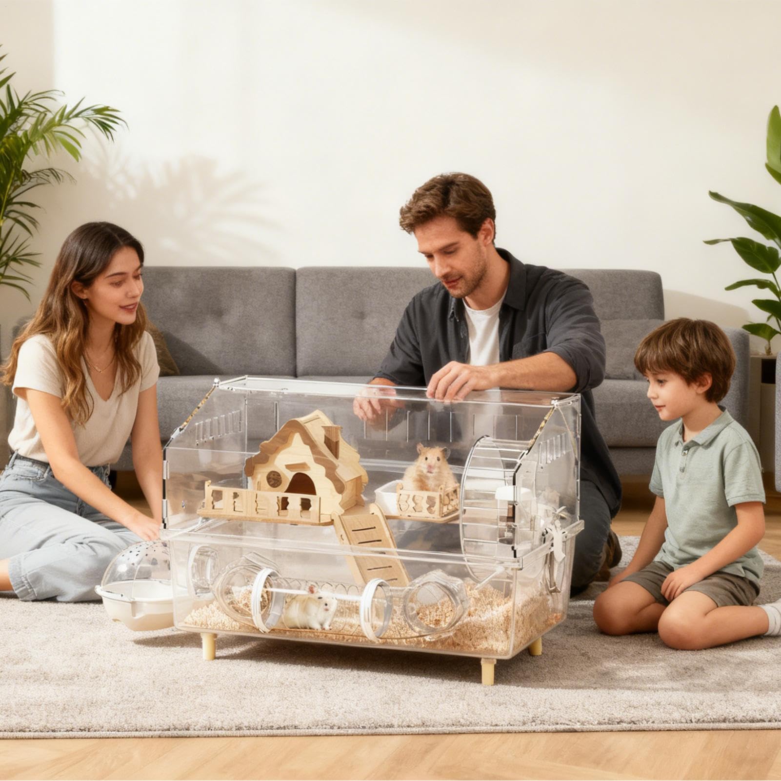 Jaula grande para hámster – Hábitats para mascotas de acrílico transparente de 2 capas, casa para hámster para interiores y exteriores, hogar, patio, observación de cría, tienda de mascotas 17.72x11.8