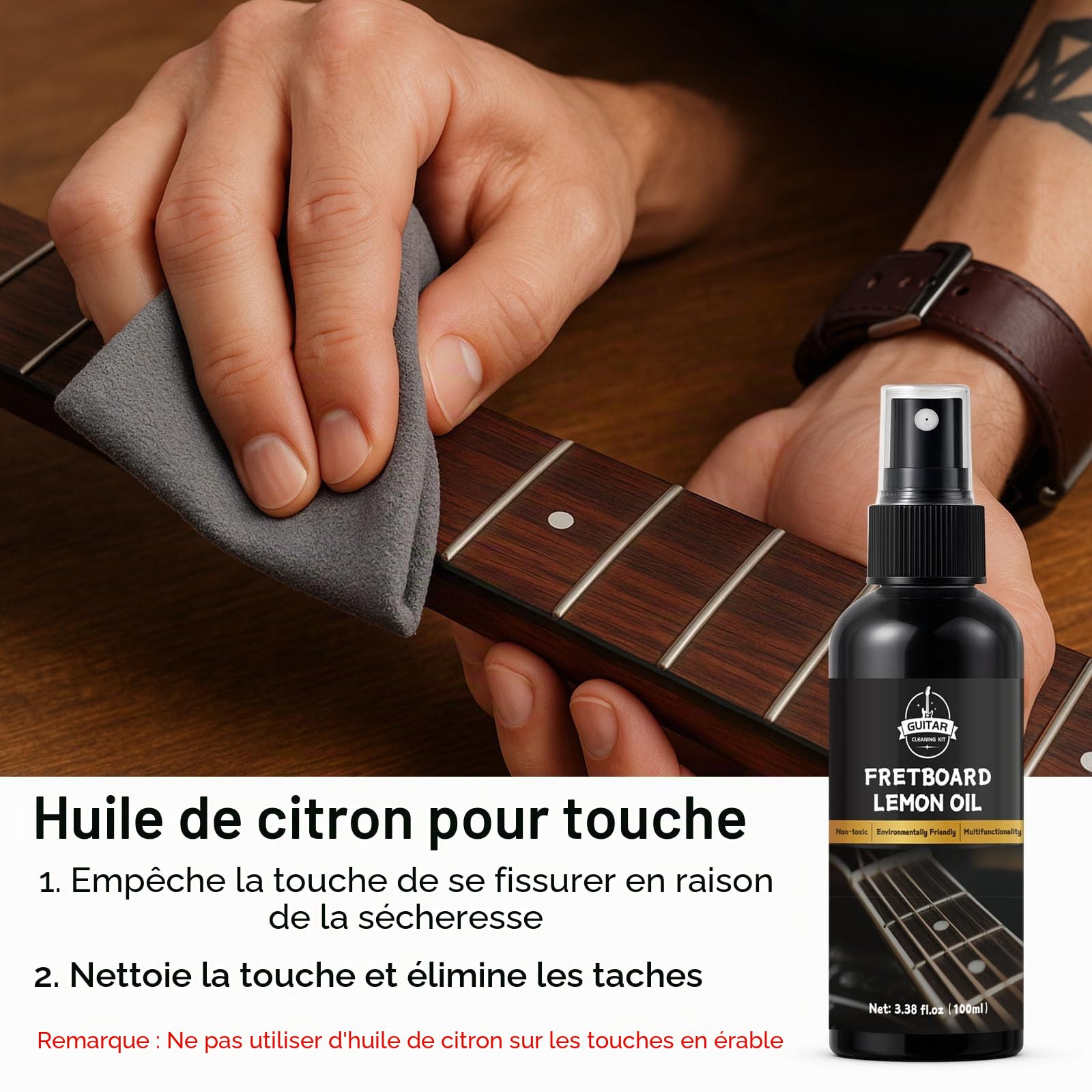 Kit de Nettoyage pour Guitare, avec Nettoyant pour Guitare, Huile pour Manche, Cire à Polir, Nettoyant pour Cordes, Cutter 3-en-1 et Chiffon en Microfibre