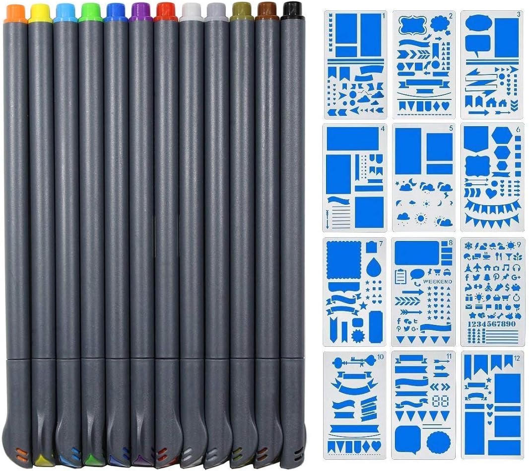 12Pcs Bullet Journal Stencil With 12 colors pens,0.38mm Fine Tip Pens and 4x7 inch Journal Stencil for Notebook/Diary/ Scrapbook Diy Drawing Template Stencil set (Stencil&Color pen)
