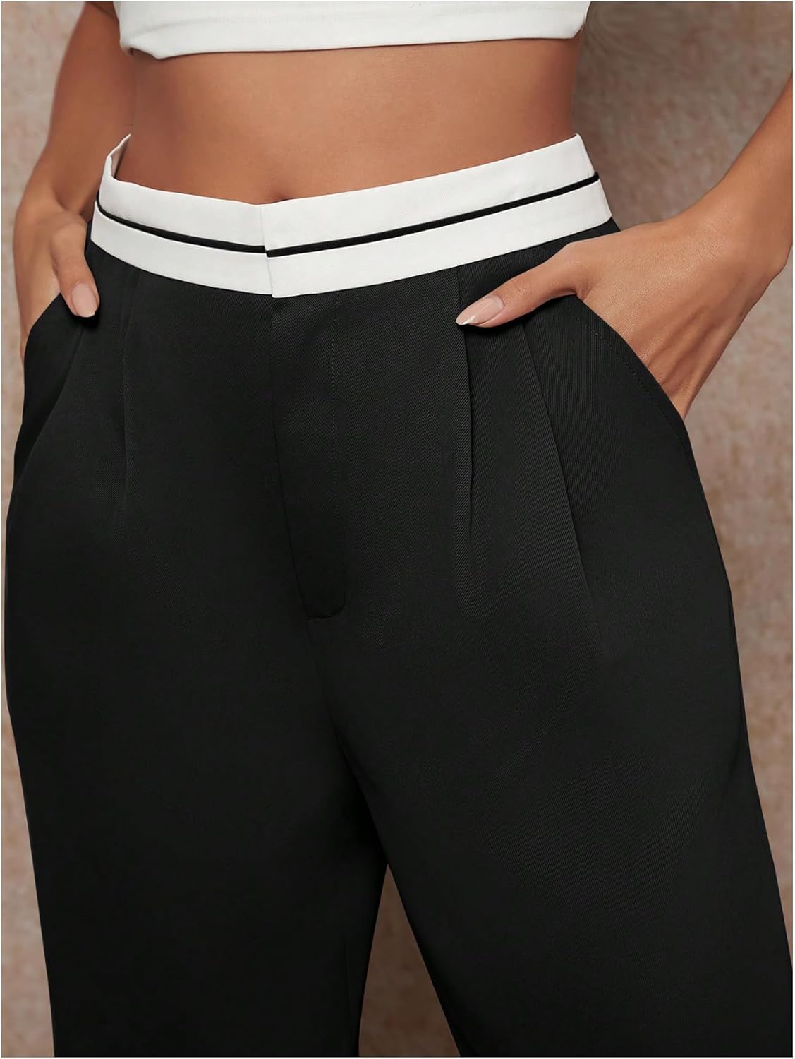 Floerns Women's Straight Leg Dressy Pants Color Block Mid Rise Trousers with Pocket - Image 4