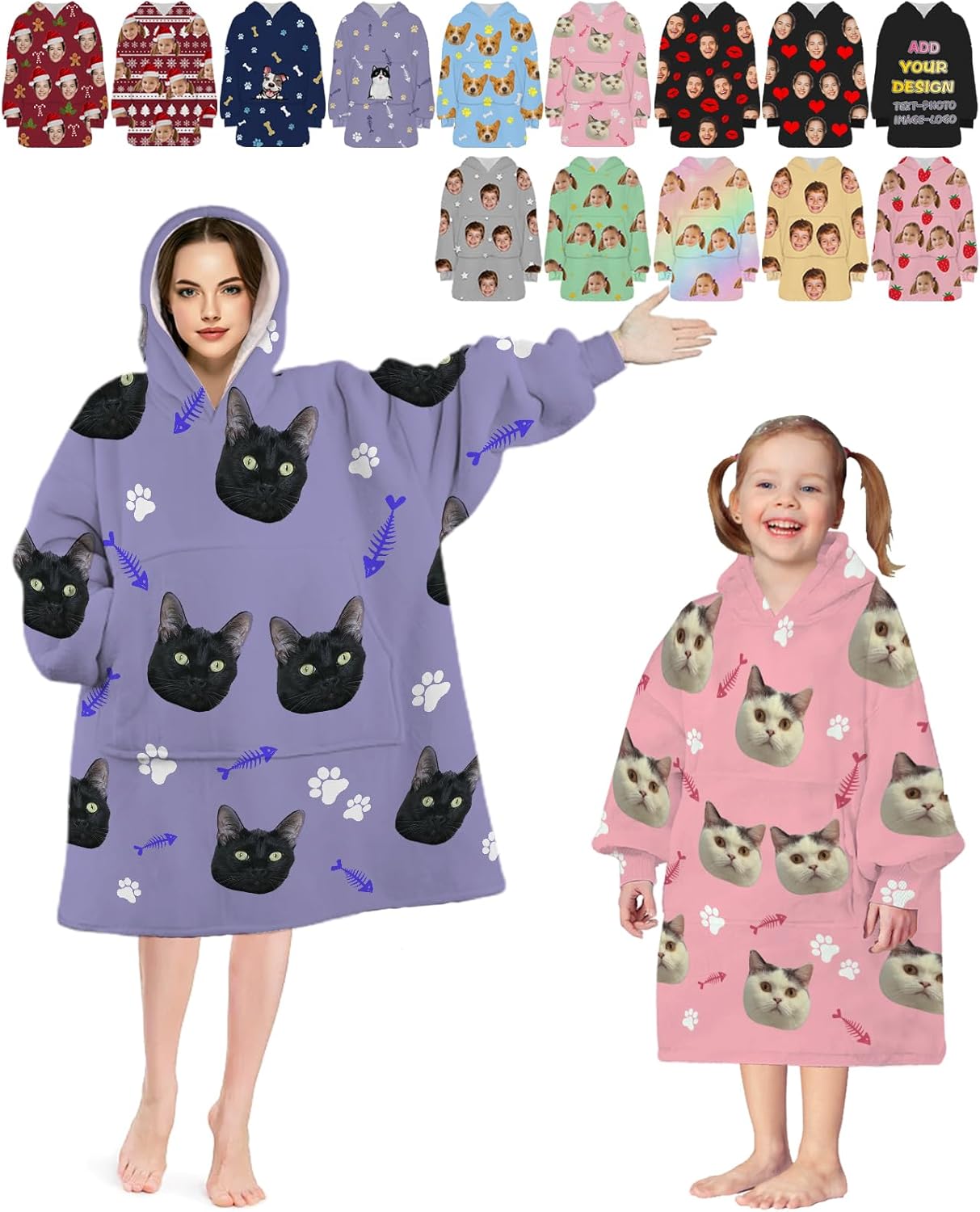 Custom Wearable Blanket Hoodies with Picture Face Personalized Hooded Blanket Sweatshirt Pocket Customized Kids Adults