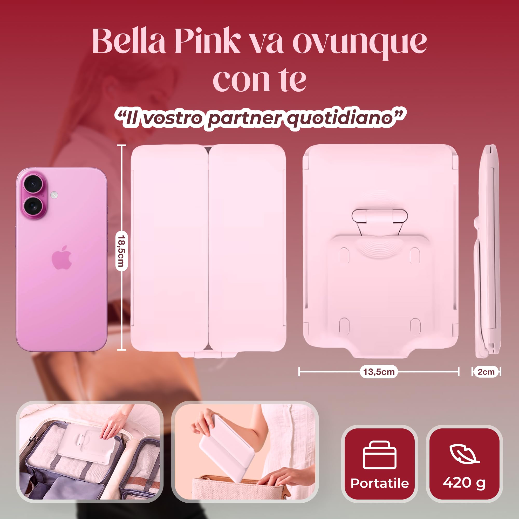 hajer Specchio da trucco luminoso a LED + custodia per il trasporto, ingrandimento 1X/3X/5X, 3 modalità di illuminazione, touch e ricaricabile USB-C con batteria al litio. Specchio portatile (Rosa)