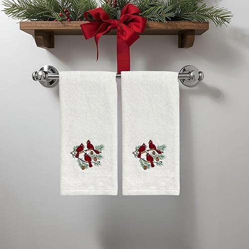 Miniatura 2 de Serafina Home Christmas Bathroom Hand Towels, Set of 2, 16"x 26", 100% Velour Cotton, Embroidered Winter Cardinal Birds on Pine Tree, Holiday Decor