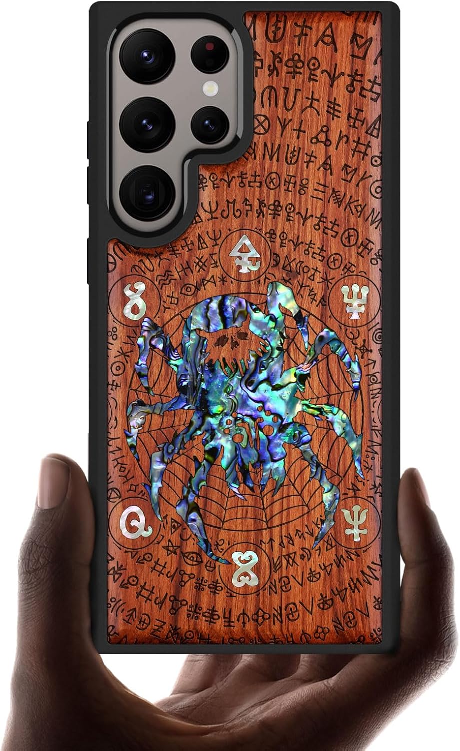 Carveit Designer Wooden Case for Samsung Galaxy S24 Ultra Case [Wood Engraving & Shell Inlay] Compatible with Wireless Chargers S24 Ultra Cover (Spider Amidst Mystical Runes-Rosy)