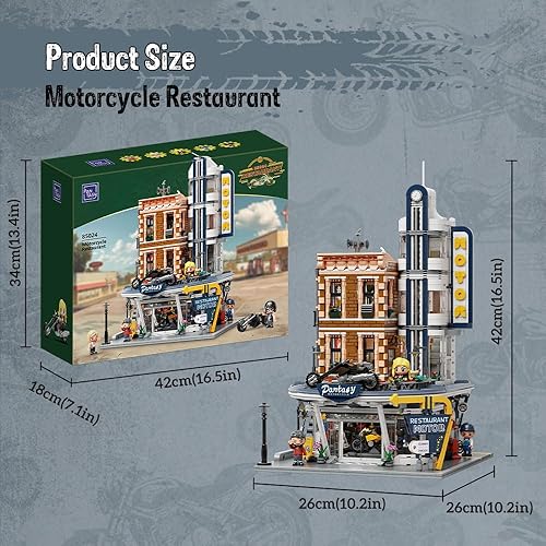 Miniatura 7 de PANTASY Juego de construcción retro para motocicleta y bar, kit modular de arquitectura de esquina de calle con puertas interactivas, paredes que se