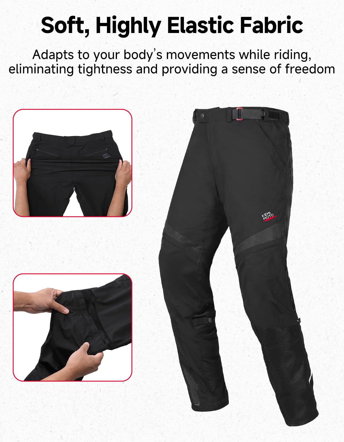 KEMIMOTO Motorradhose Sommer, Atmungsaktive Mesh Tourenhose mit CE-Protektoren, Stretch Bikerhose mit 4 großen Taschen, Größenverstellbar, für Touring & Alltag