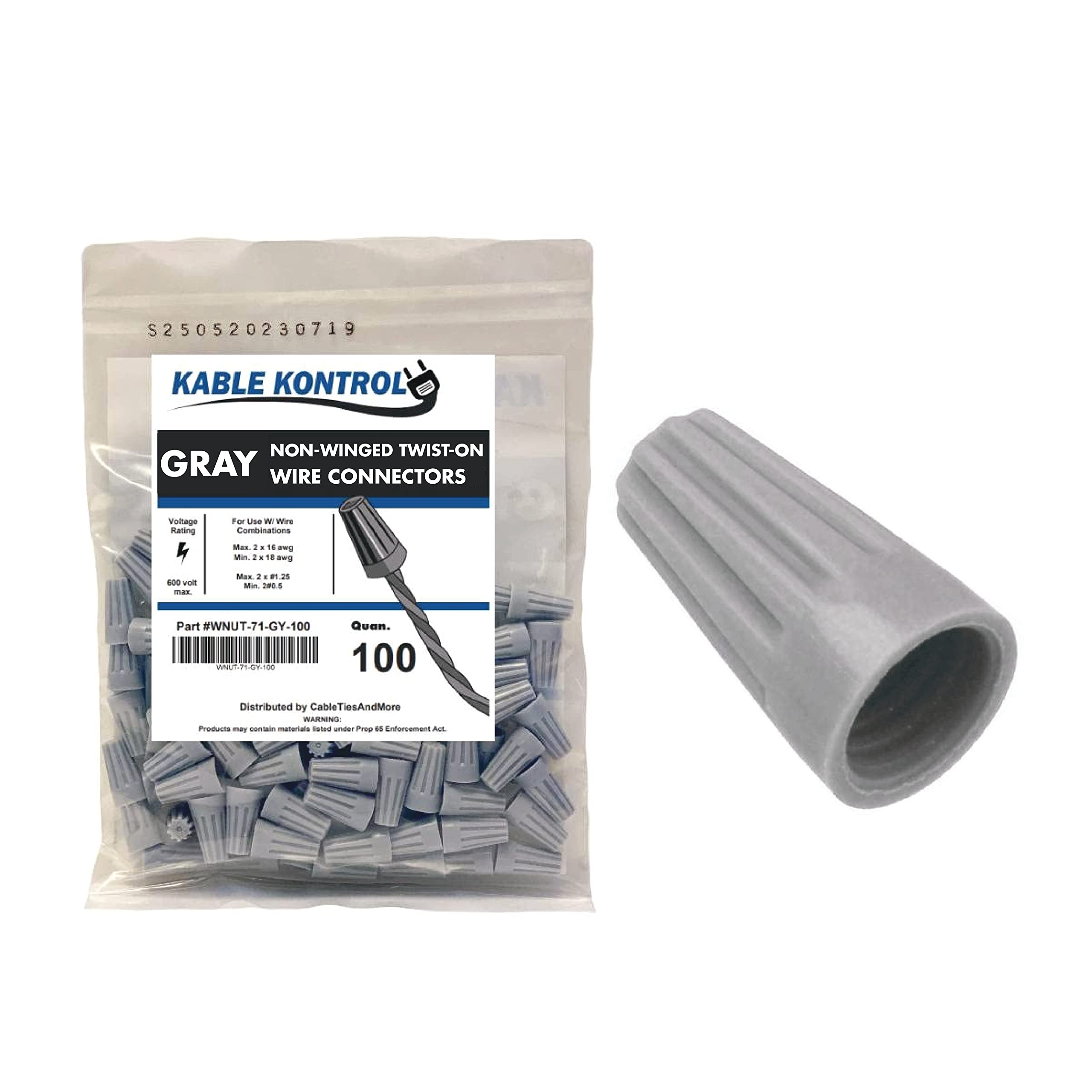 Kable Kontrol Wire Connectors for Electrical Wires 22-16 AWG - 100 Pcs - Non-Winged Wire Caps Screw Terminals Twist fits Wire – Gray