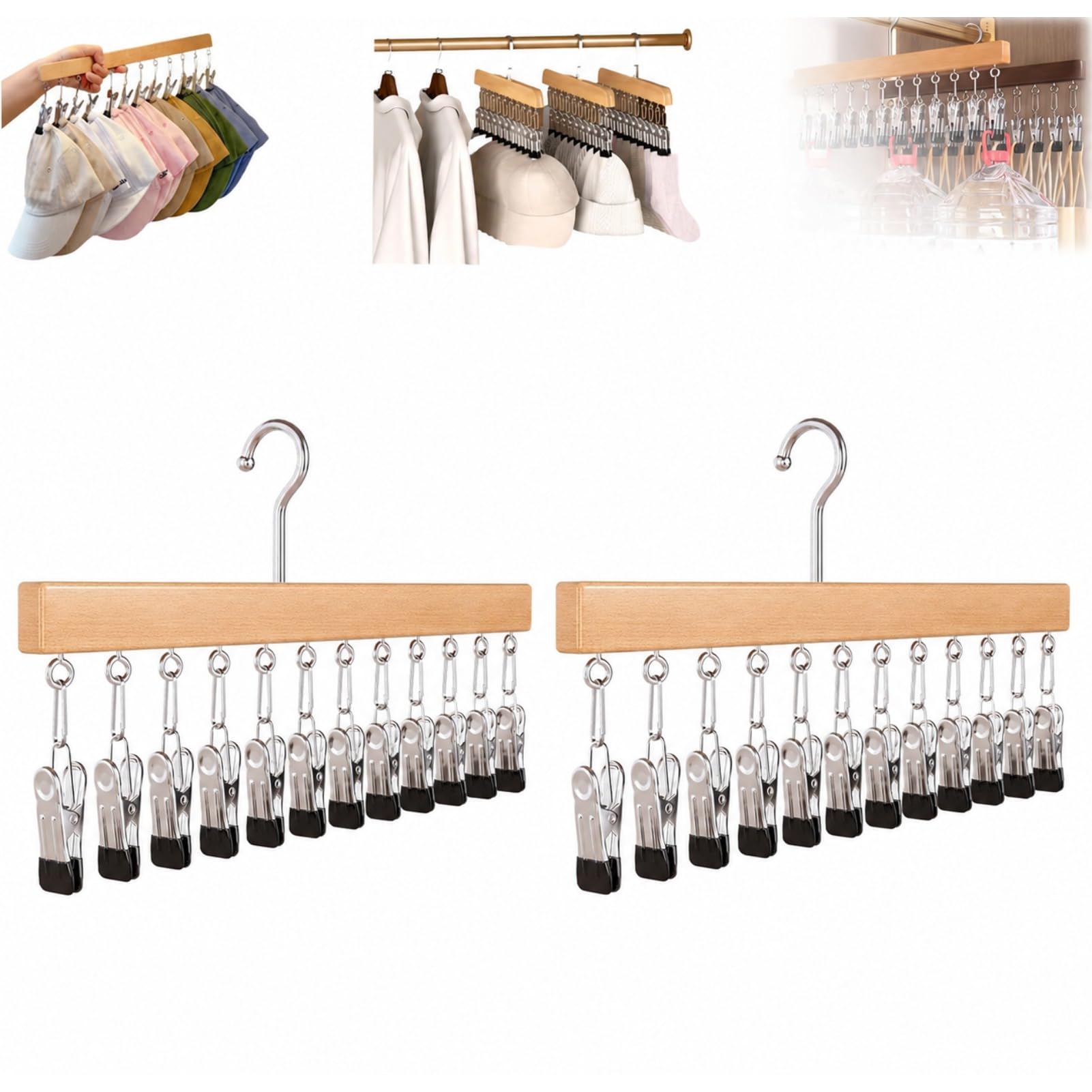 PsaltryCom Wooden Hat Organizer Hanger with 10/12 Clips Space Saving Cap Holder for Baseball Caps Socks Scarves Closet Storage Rack (Wood - 12 clips,2 pieces)