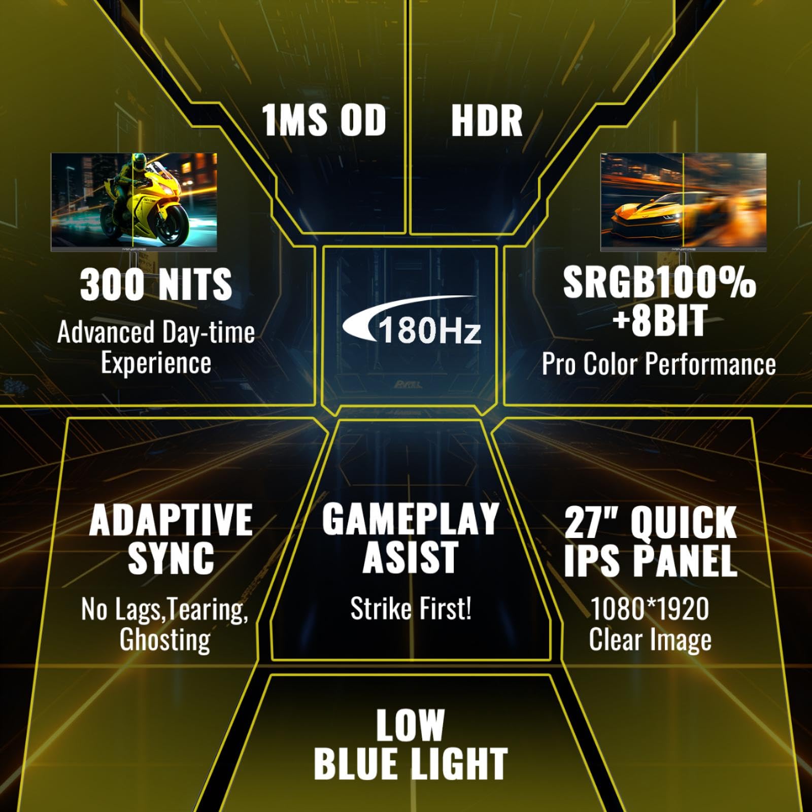Minifire Monitor Gaming 27" FHD 165Hz, IPS, 1ms, Adaptive Sync, 100% sRGB,Mmonitor per computer da gioco, Schermo PC Anti-Flicker & Less Blue Light, 2xHDMI 2.0/1xDP 1.4 Port(MFG27F2 cavo HDMI inclusi)