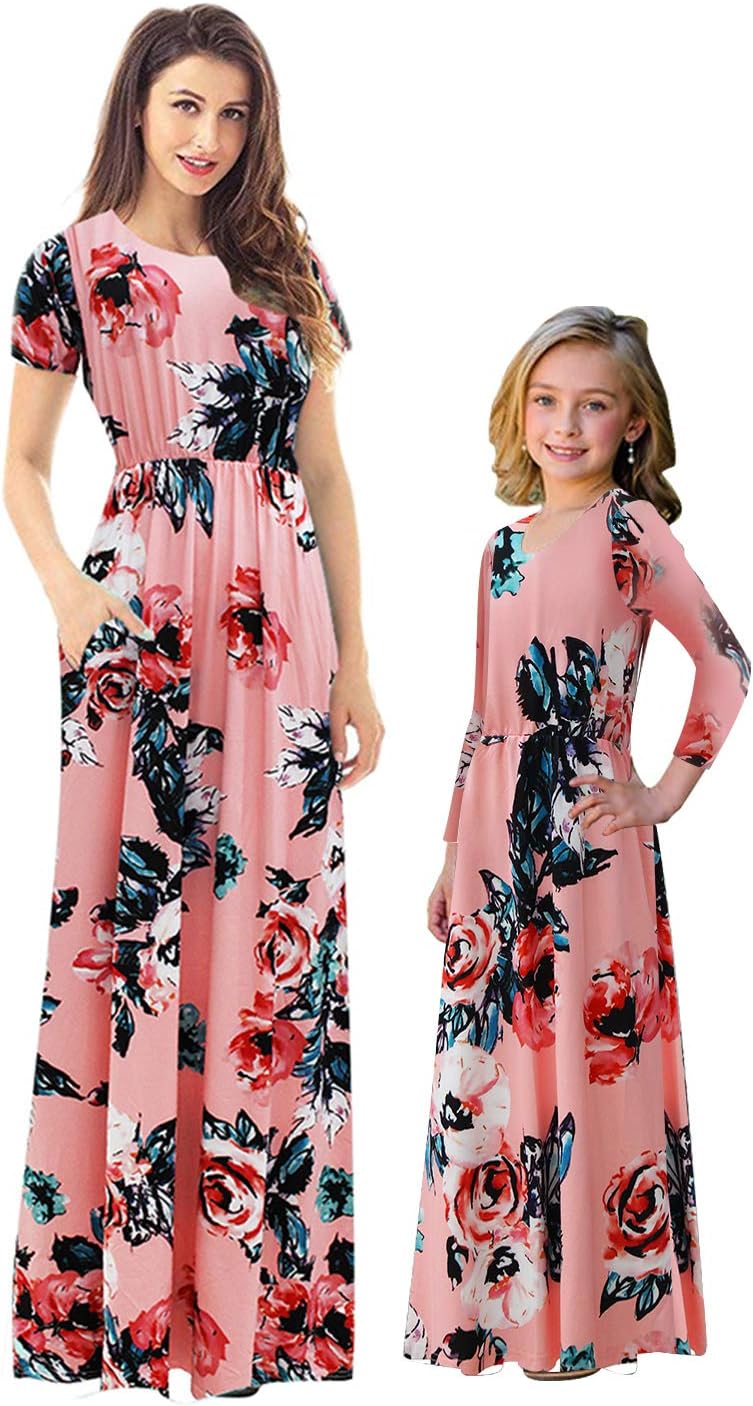 MAKARTHY Mommy and Me Dresses Womens Summer Short Sleeve Boho Floral Maxi Dresses with Pockets Pink