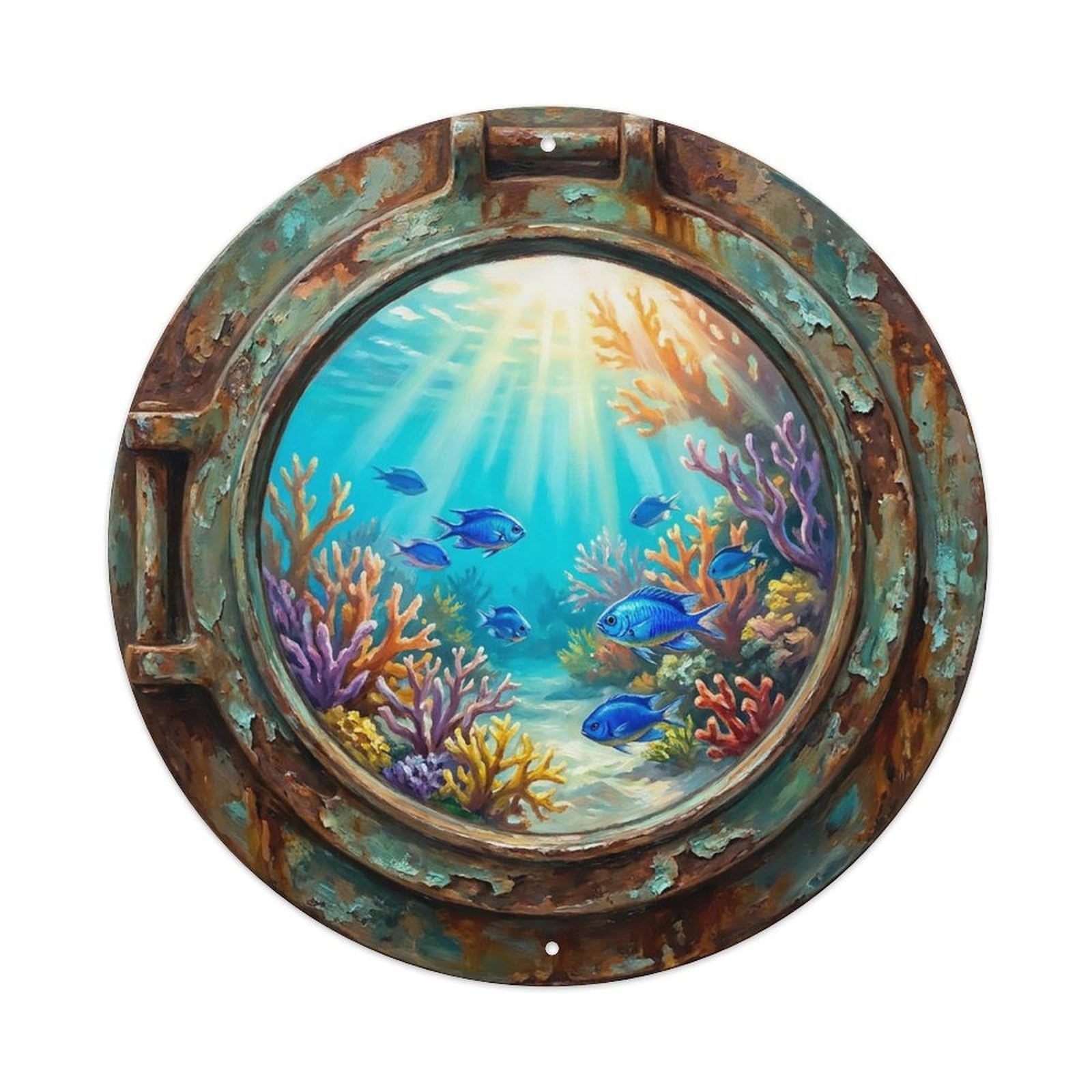 Vintage Porthole Damselfish Vibrant Ship Window Undersea Deep Sea Metal Tin Sign