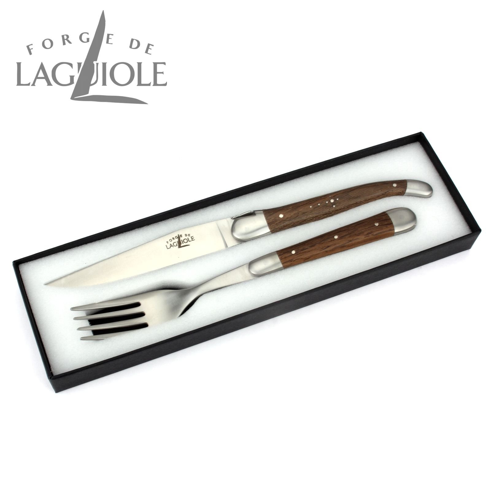 Forge de Laguiole - Steakmesser und Gabel je 1x im Set - Griff fossile Mooreiche - Steakbesteck Frankreich - Stahl satiniert