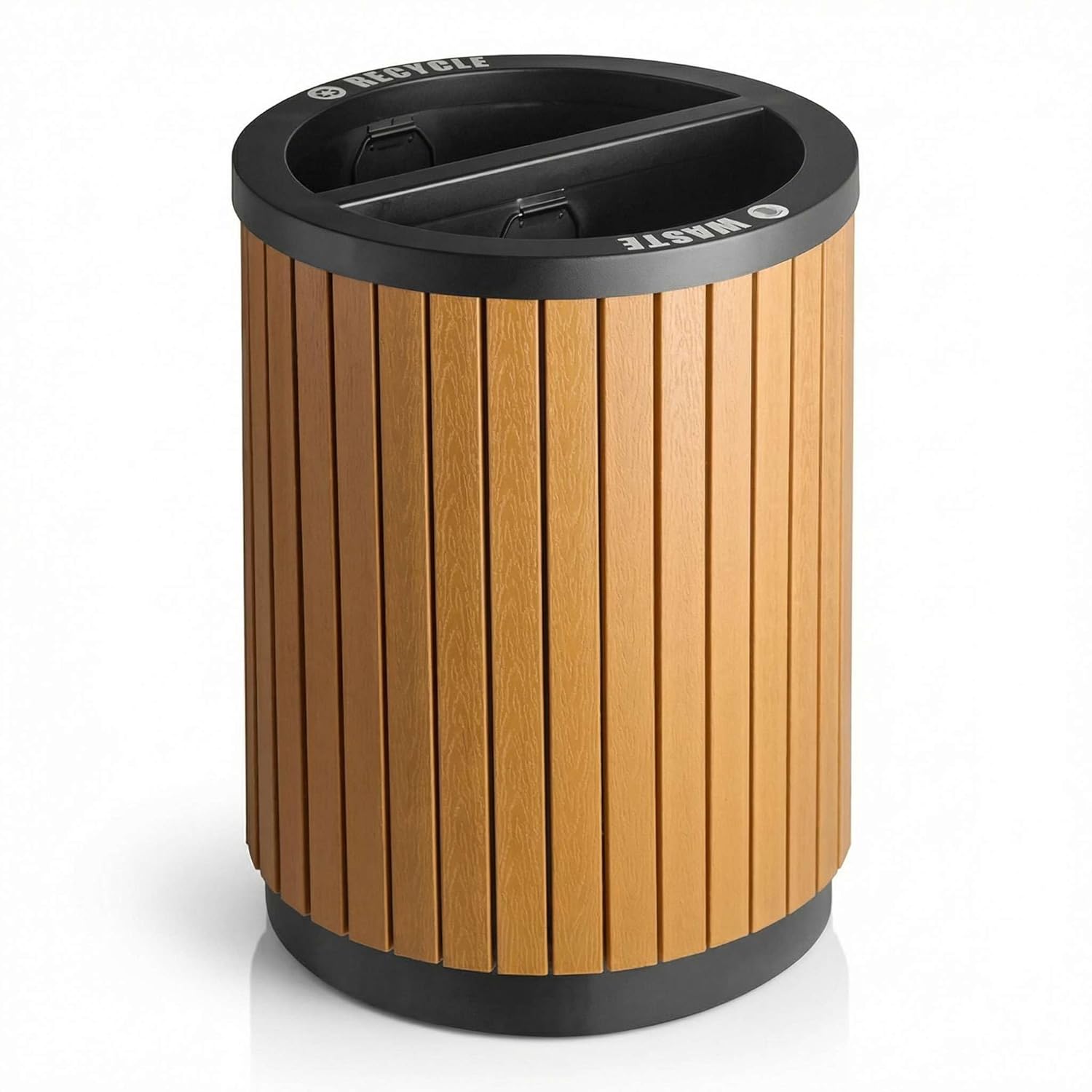 17 Gallon Round Decorative Trash Can - Steel and Wood Composite Commercial Waste Receptacle with Open Lid, Galvanized Steel Liner, and Security Cable for Parks, Retail Stores, and Transit Stations