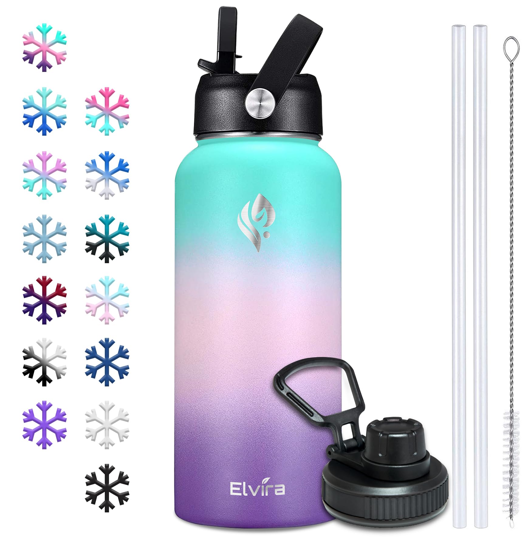 Elvira 32oz Vacuum Insulated Stainless Steel Water Bottle with Straw & Spout Lids, Double Wall Sweat-proof BPA Free to Keep Beverages Cold For 24Hrs or Hot For 12Hrs