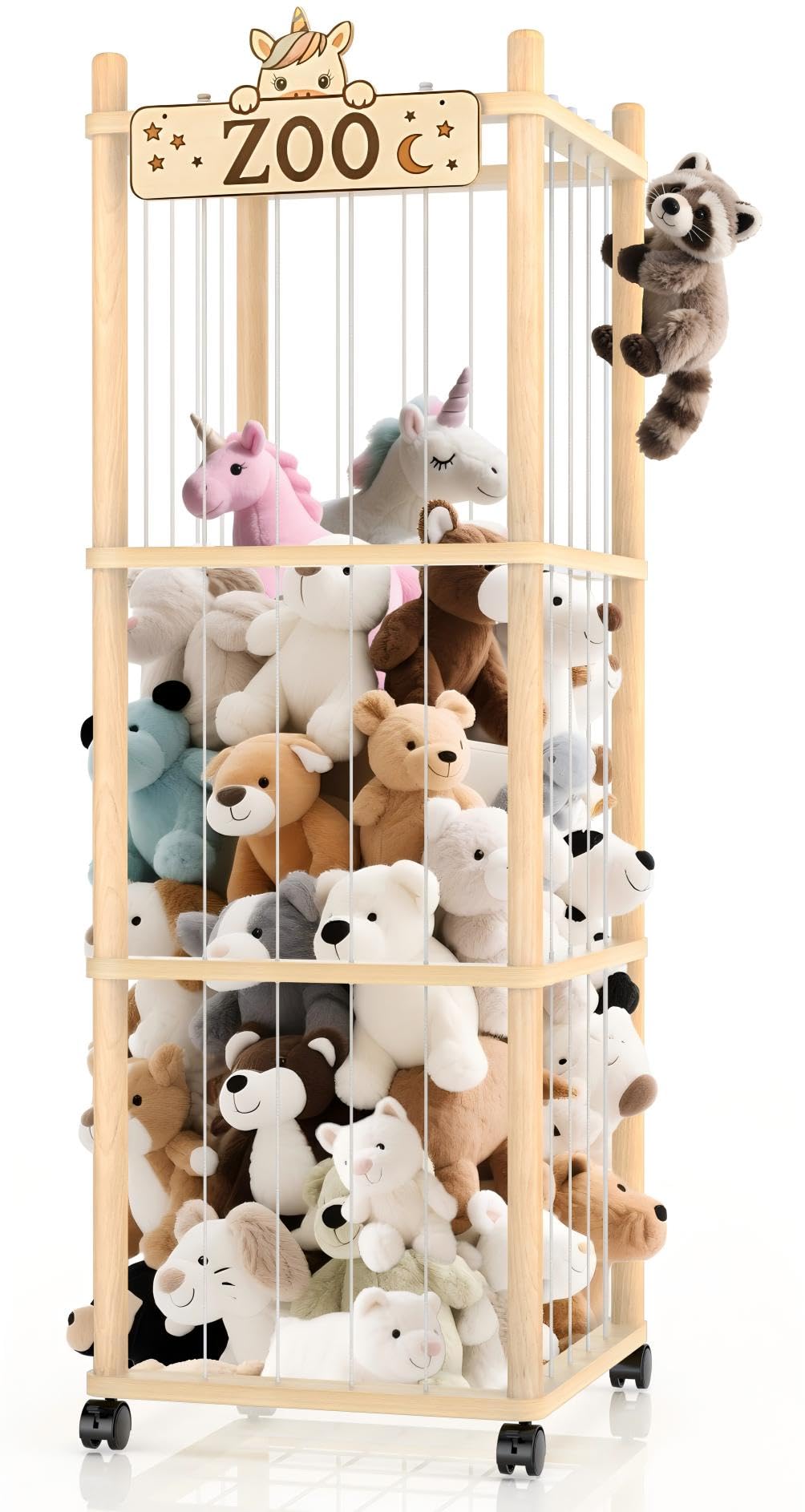 Stuffed Animal Storage Zoo Tower 56In Wooden Large Stuffed Animal Holder Organizer with Wheels Stuffy Plushies Storage with