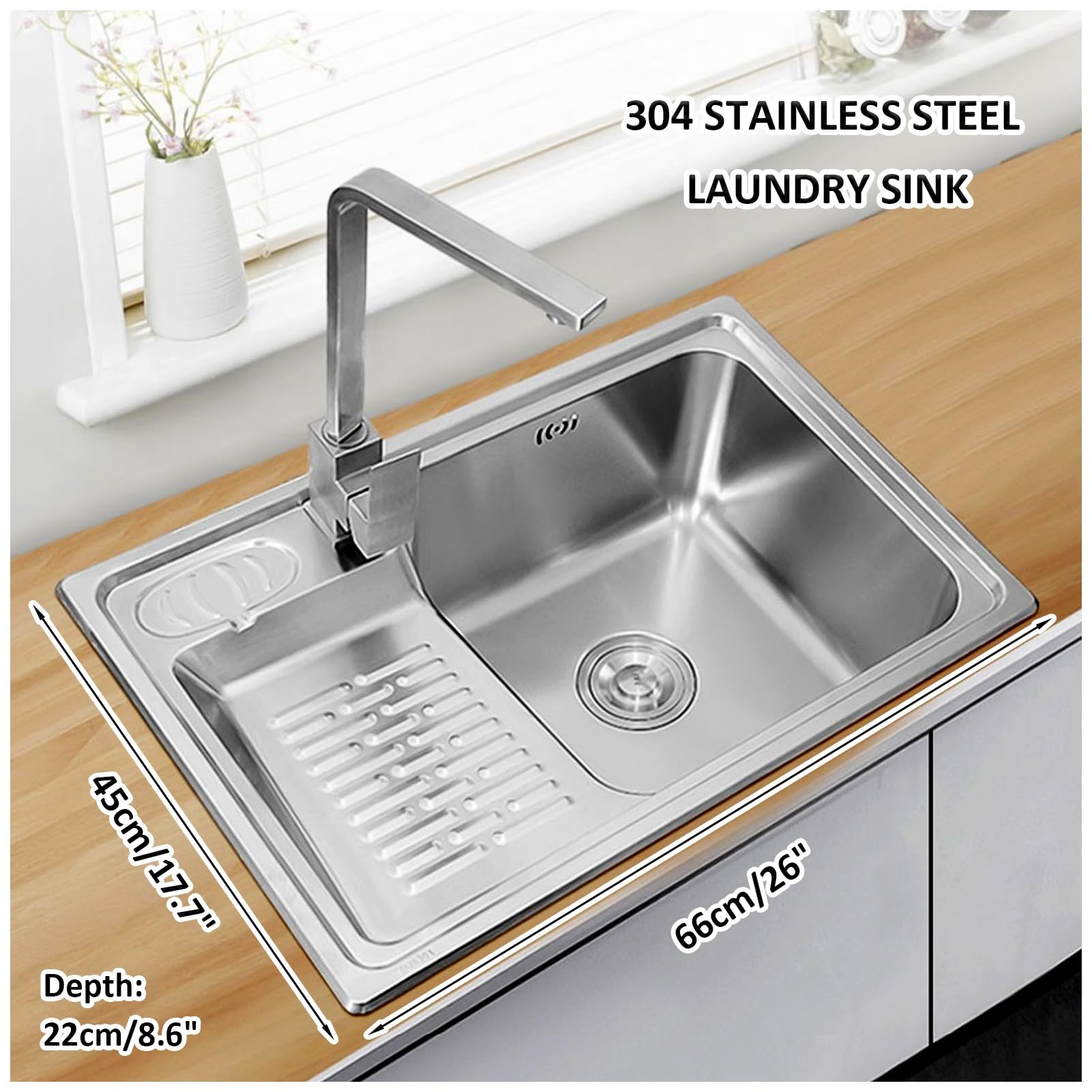 Fregadero De Lavandería De 26 Pulgadas, con Grifo, Kits De Drenaje Y Tabla De Lavar, Piscina De Lavandería De Acero Inoxidable 304, Lavabo, Fregadero, Tina De Lavandería (Color : C, S : 66x45x22cm)