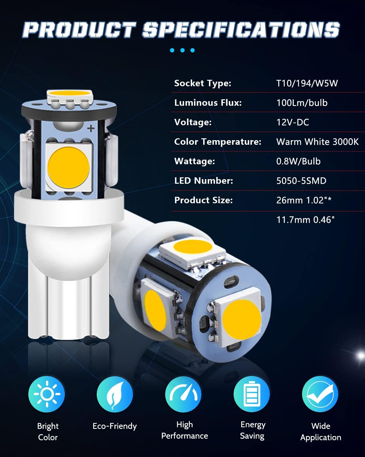 Alopee 30 Pack 194 LED Bulb Warm White 3000K T10 Wedge LED Bulb 5SMD 5050 Chips 168 LED Bulb 921 2825 LED Bulb 158 501 W5W Bulb LED Interior Car Lights Dome Map Door Trunk Light DC 12V