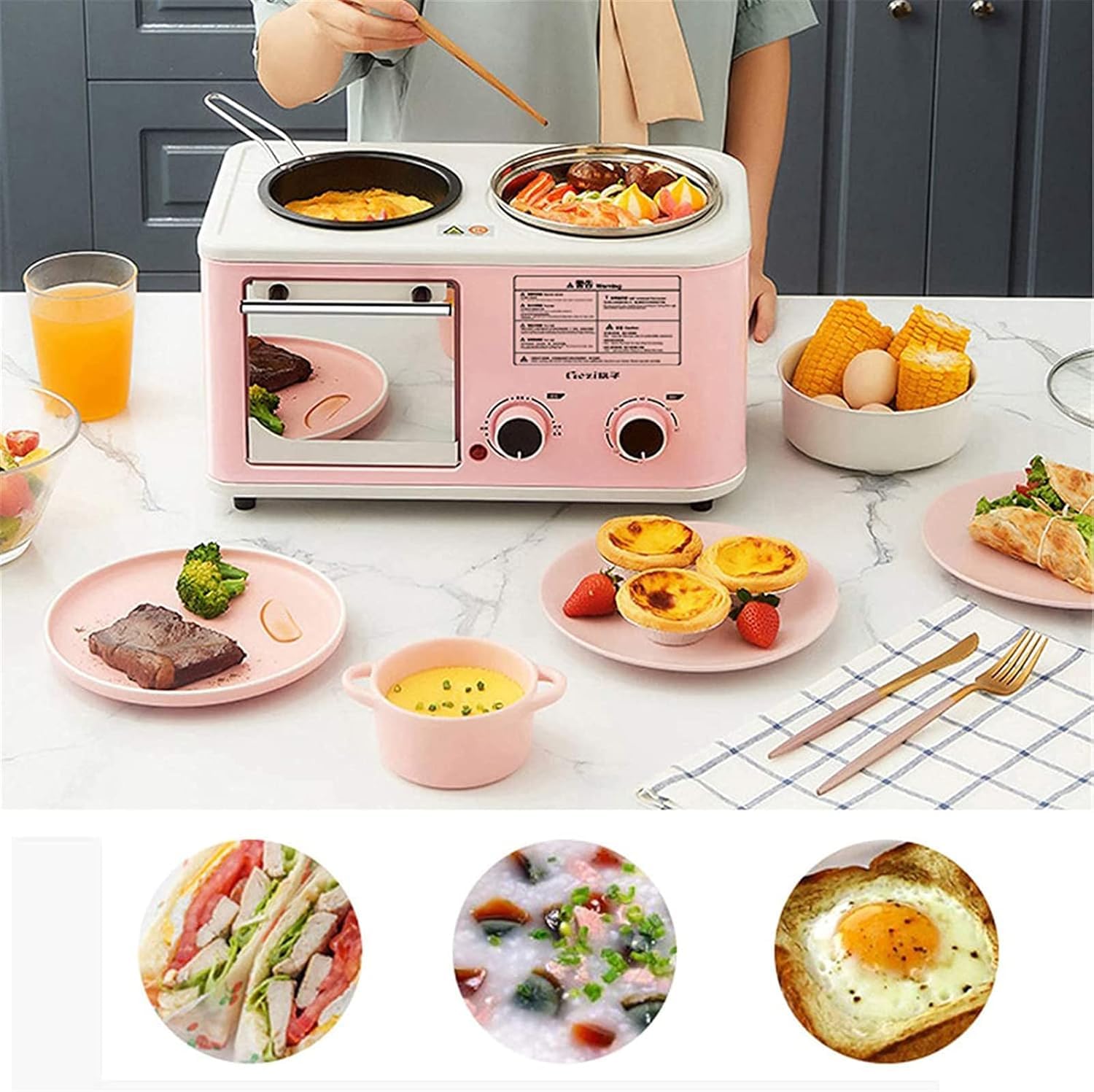 Macchina per La Colazione Multifunzione, Mini Forni 3 in 1 con Grill Elettrico E Doppia Piastra, Stazione per La Colazione in Famiglia per La Cottura