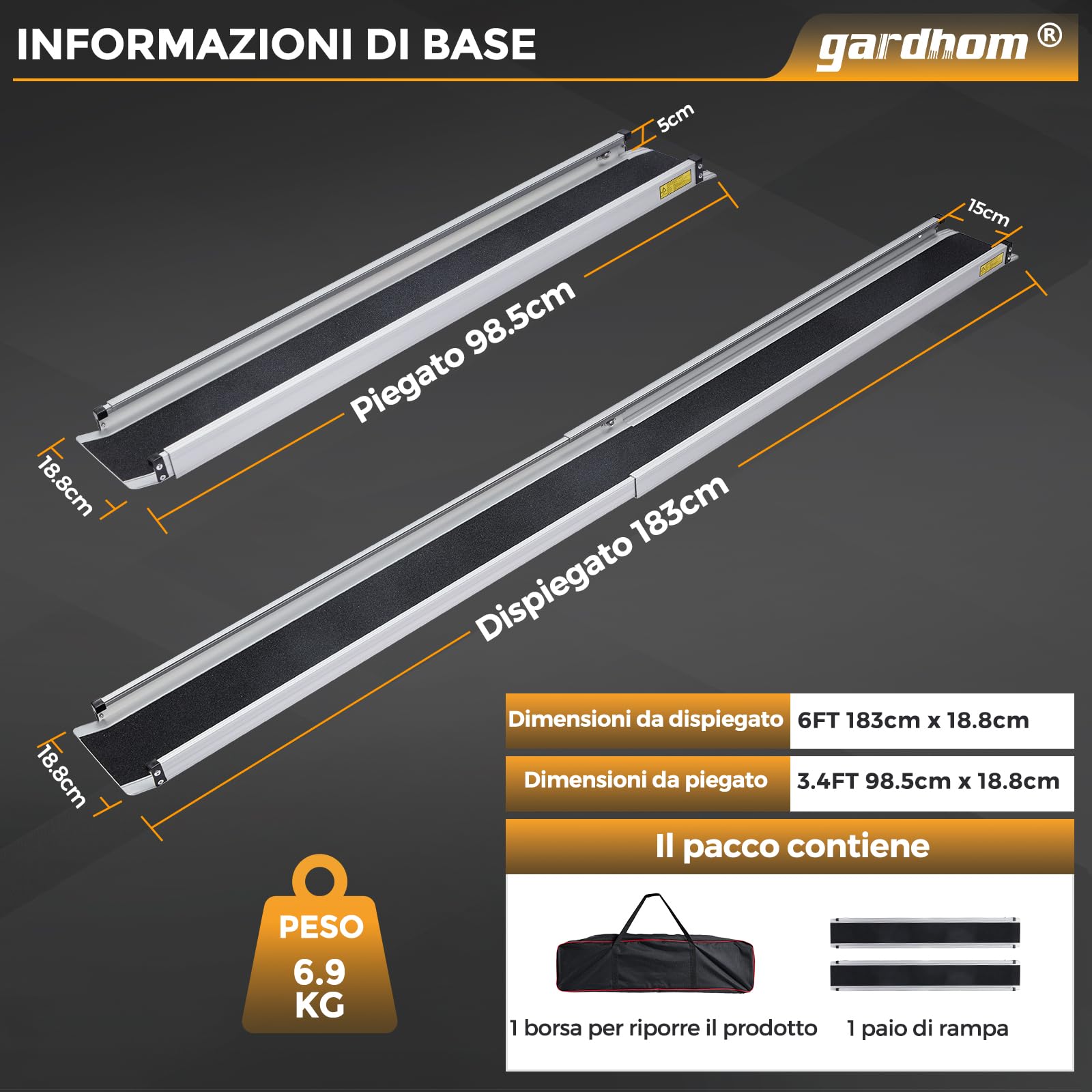 Gardhom Rampa Telescopica per Sedia a Rotelle, 105-183 cm, Regolabile, in Alluminio, Antiscivolo, con Capacità di Carico di 272 kg, per Scale e Ostacoli, Passi in Casa Nella Borsa in tessuto