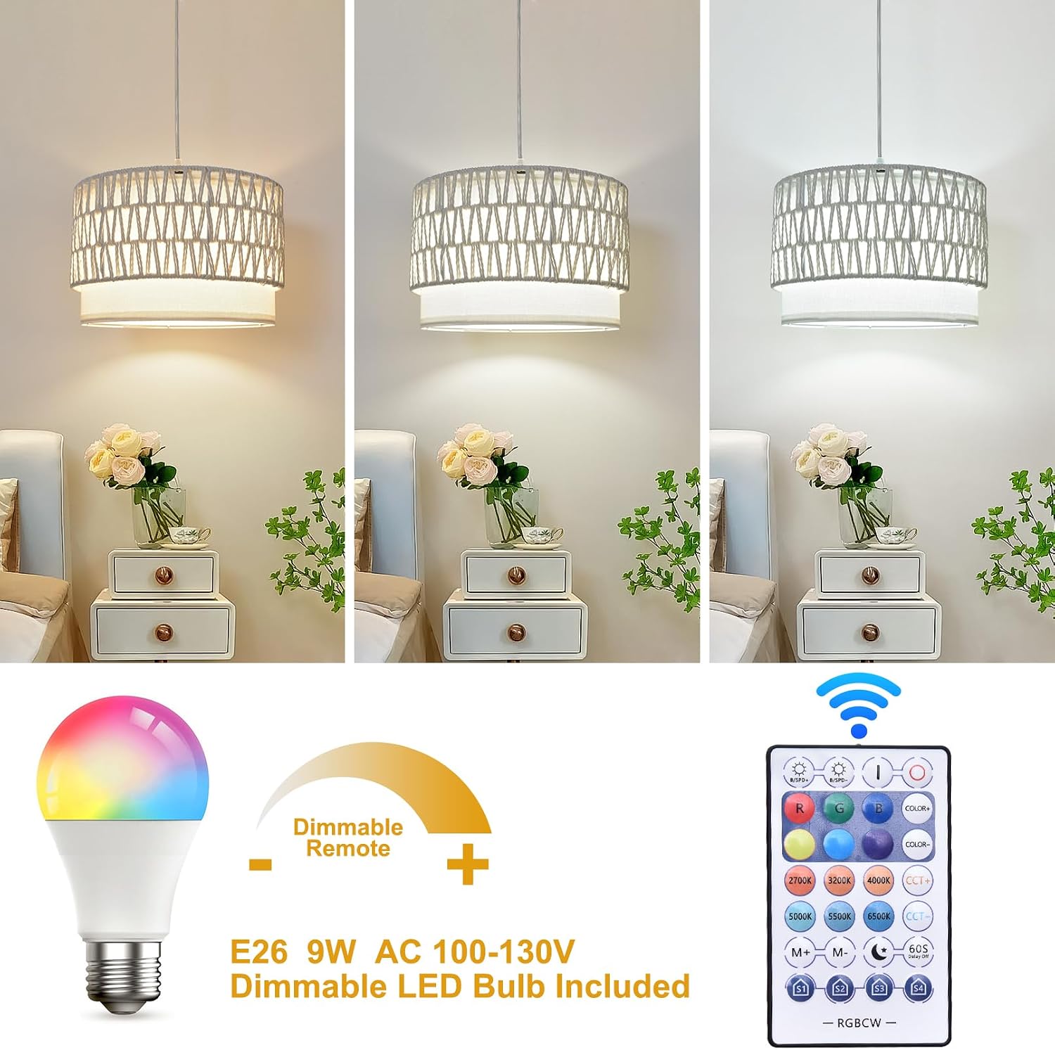 ZSLAIFU Hanging Lamp Plug in Pendant Light, 15FT White Hanging Lights with Plug in Cord, Hanging Light with Bulb and Remote, Hanging Lamps for Bedroom, Living Room, Kitchen, Farmhouse
