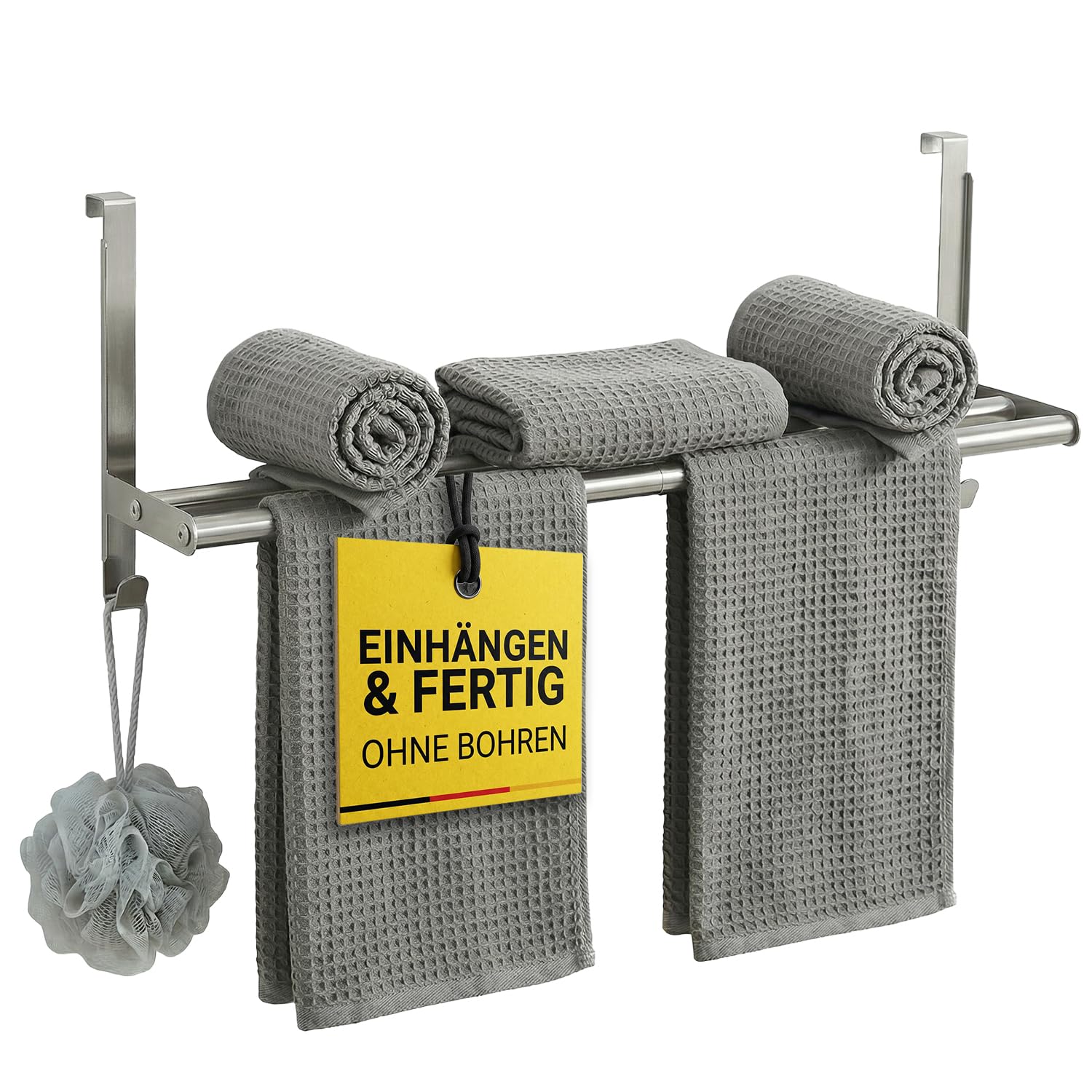 MDCASA Premium Handtuchstange I Handtuchhalter ohne Bohren & verstellbar inkl. Kratzschutz I Stabiler Handtuchhalter Tür für alle gängigen Türen