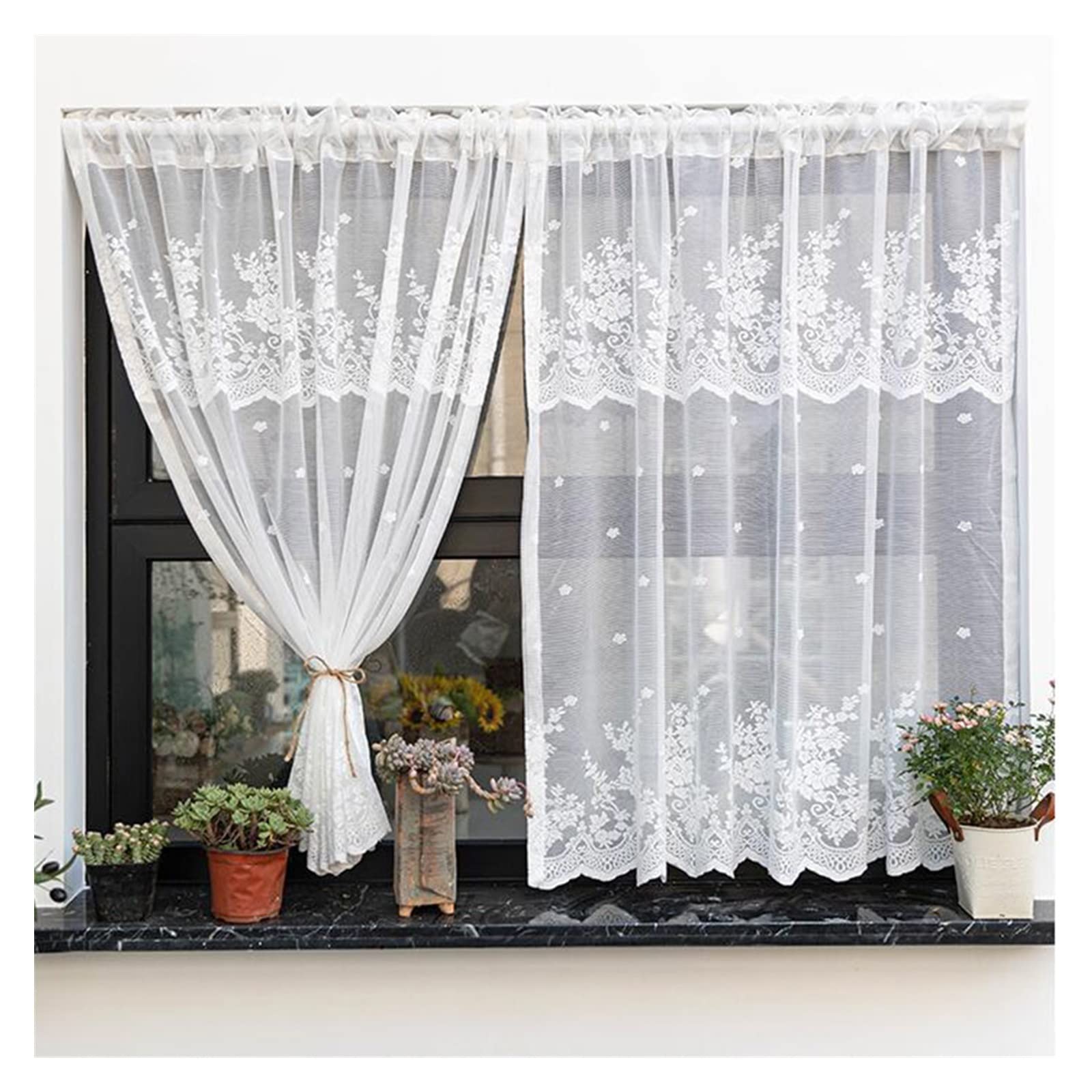 Tende In Voile 2 Pezzi - 130x300 Cm Cadauna, Bianco Con Fiori E Pizzo, Per Camera Da Letto - Foto 9