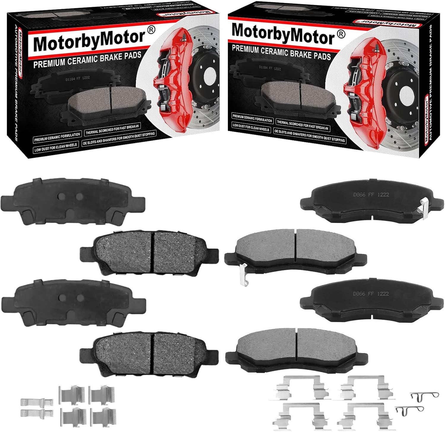 MotorbyMotor D866 Front Ceramic Brake Pads with Hardware Fits for Chrysler 200 Sebring, Dodge Avenger Caliber Stratus, Jeep Compass Patriot, Mitsubishi Lancer Outlander Premium Disc Brake pad Set