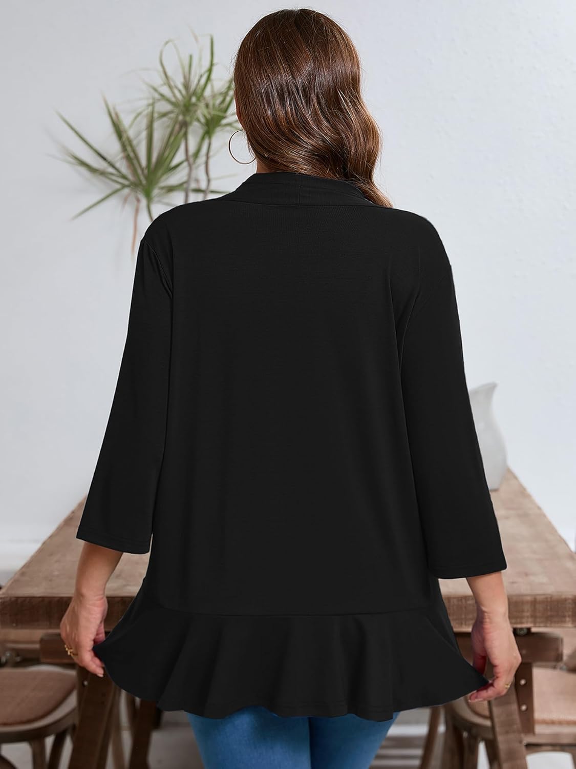 AusLook Women's Plus Size 3/4 Sleeves Lightweight Open Front Cardigan Draped Ruffles Shawls and Wraps Shrugs Kimono Jacket - Image 2