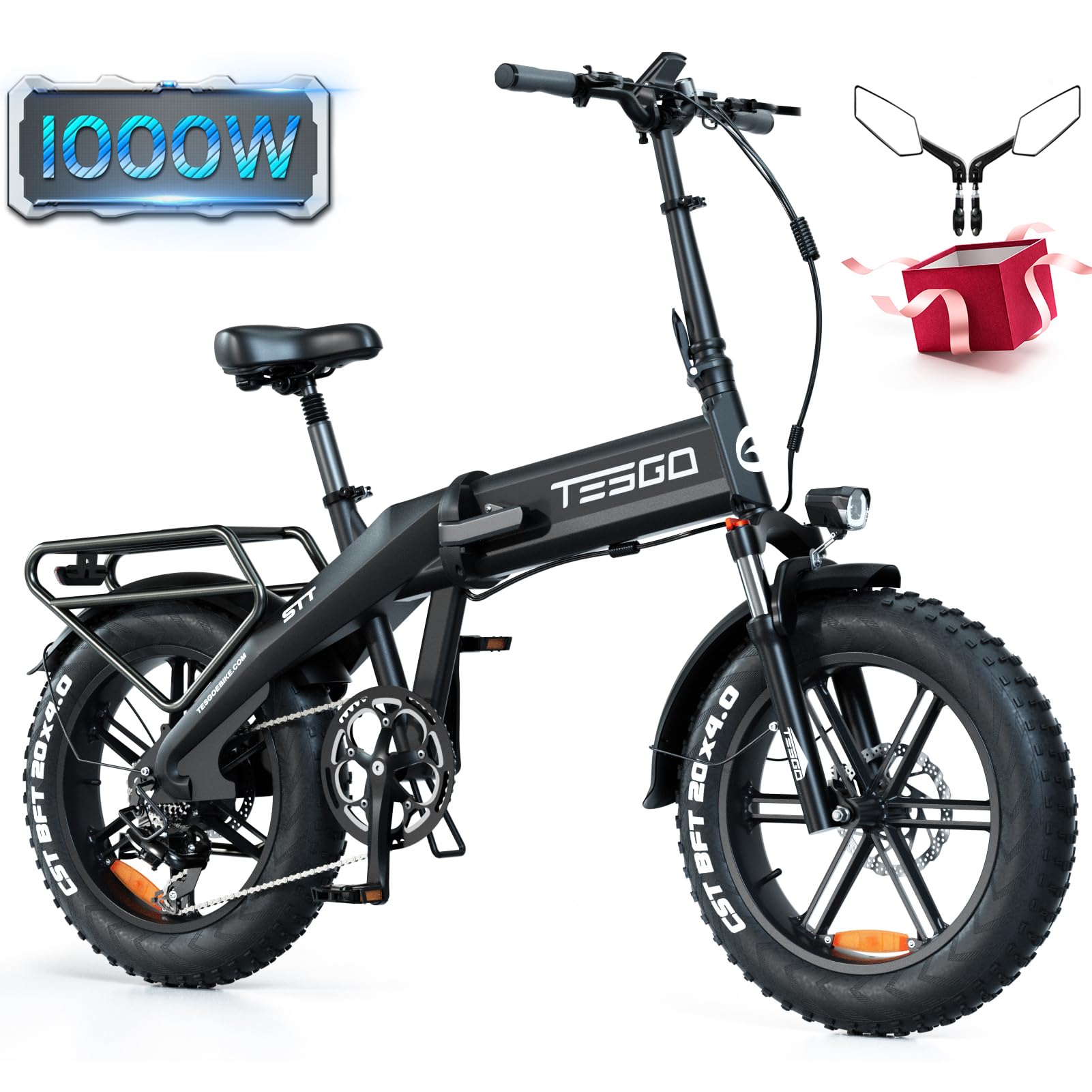 TESGO Electric Bike【1000W Motor & 70 Miles Range】【Hydraulic Brake】 Fat Tire Ebike with 48V 17.4AH Battery, 20''*4.0'' Folding Electric Bike for Adults, 32MPH Commuter E-Bike, Dual Suspension