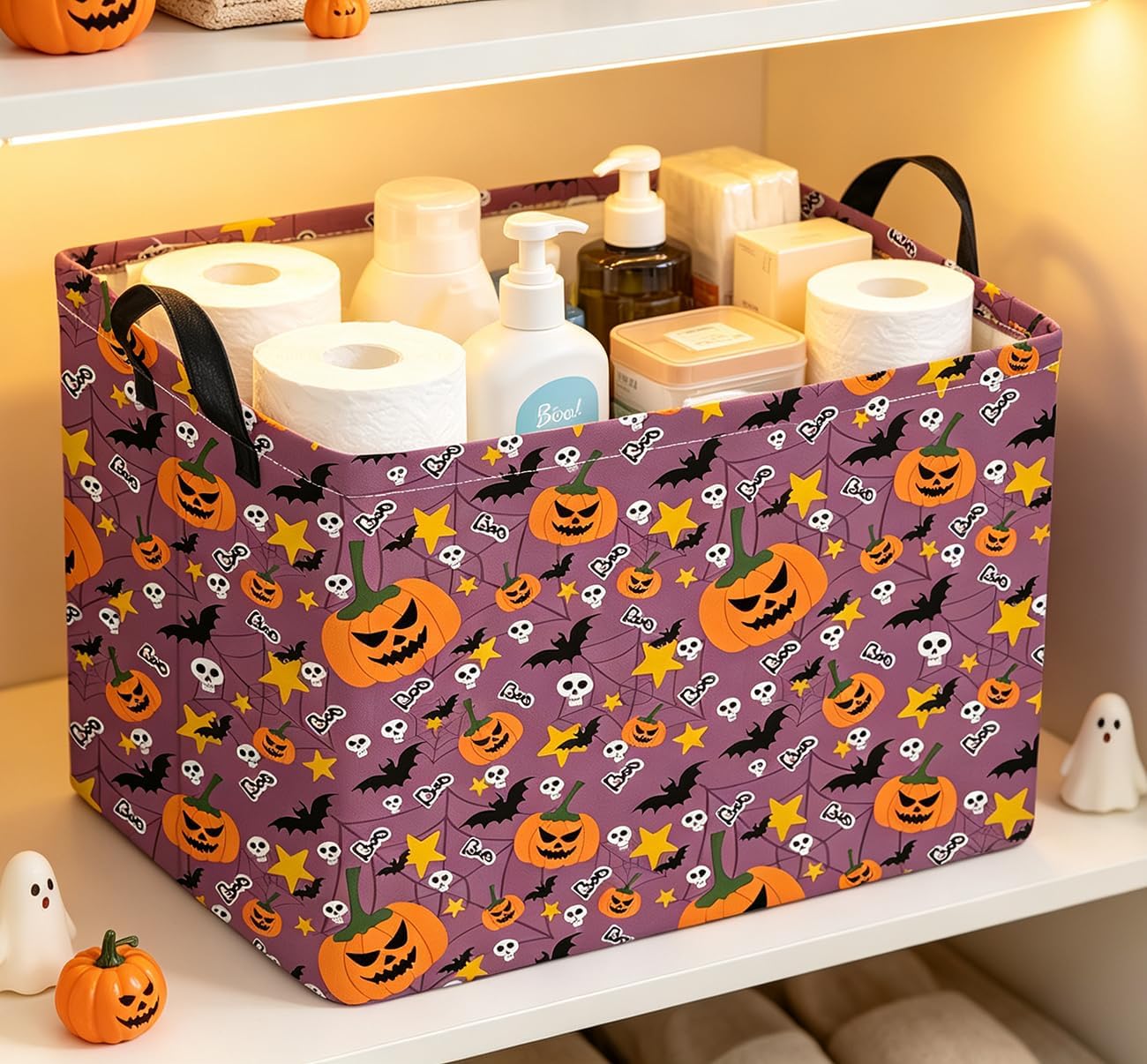 Rectangle Storage Basket with Handles for Kids,Cute Organizer Toy Bin,Gift Basket for Boys and Girls,Room Decor(Purple Pumpkin Halloween) image 2