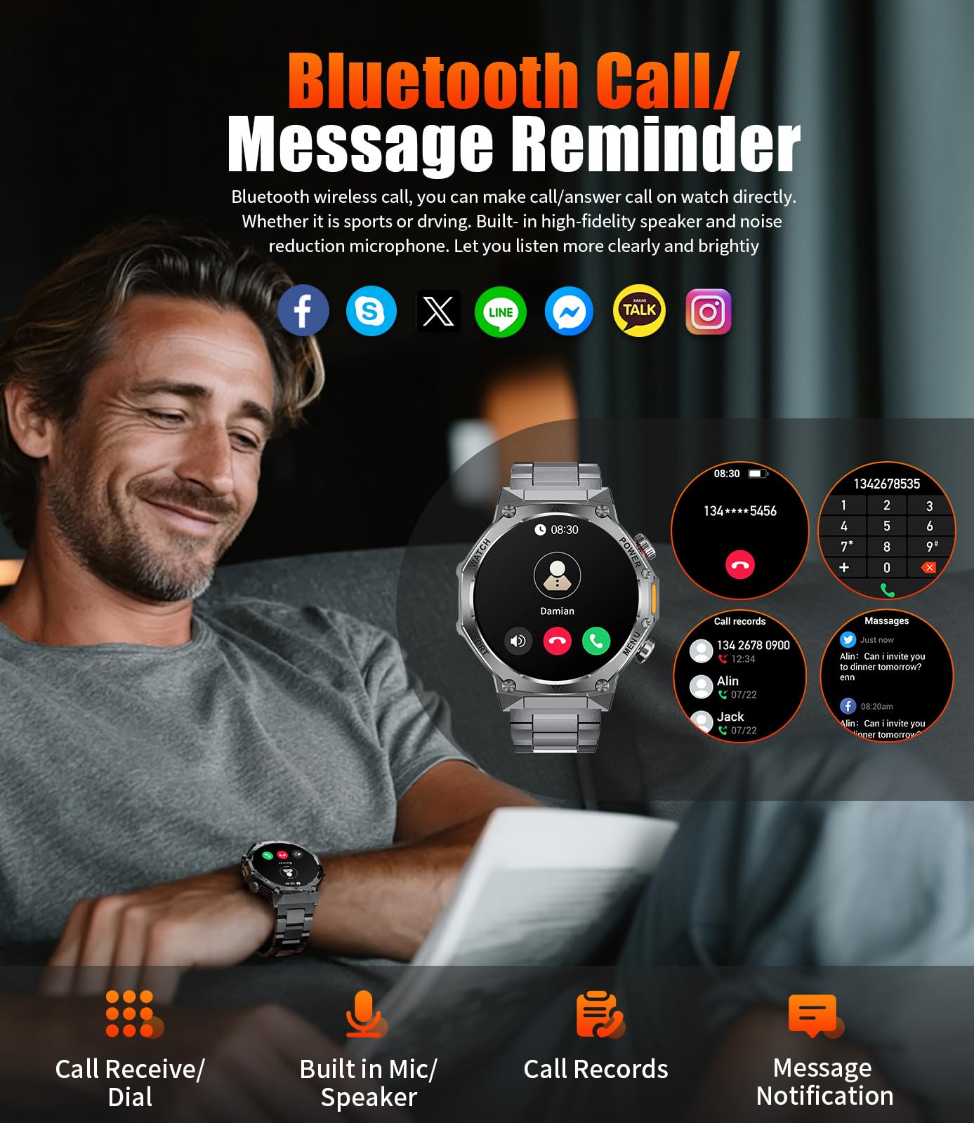 SUNKTA 1.85″ HD Smartwatch para Hombres Militar 800 mAh Batería Grande Reloj Inteligente para iOS Android Llamadas Bluetooth LED,Monitoreo de Salud Monitor de Sueño,100+ Modos Deportivos,Rojo