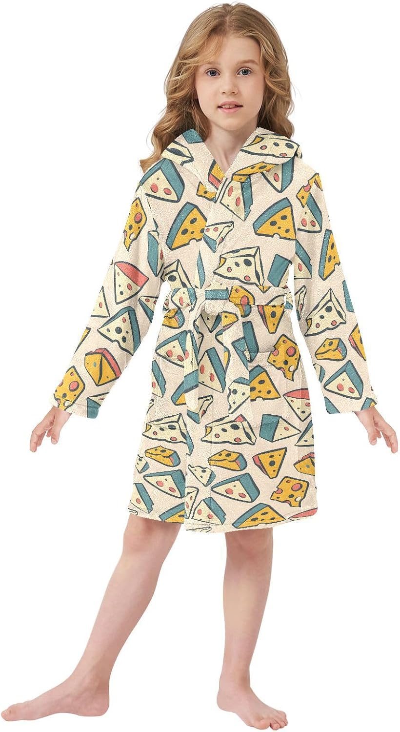 senya Cheese Pattern Toddler Hooded Bathrobe Kids Soft Plush Bath Towel Robes for Boys Girls 2-12 Years