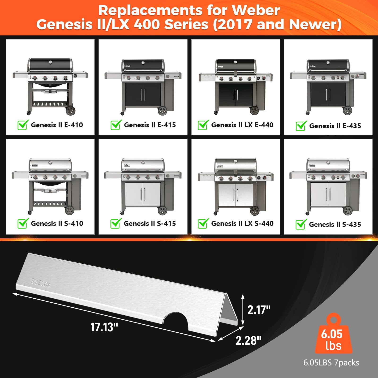 QuliMetal SUS304 17 Inch Flavorizer Bars for Weber GS4 Genesis II E-410, E-415, E-435, Genesis II LX E-440 Series Gas Grills, 304 Stainless Steel Heat Plates Parts for Weber 66033 66796