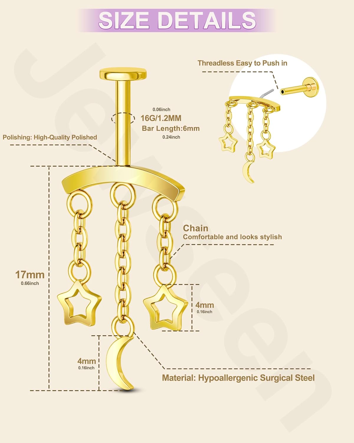 Crescent Moon Star Chain Vertical Hidden Helix Stud Earrings Dangle 316L Stainless Steel Flat Back Threadless Push-Pin Cartilage Rook Piercing Jewelry - Image 3