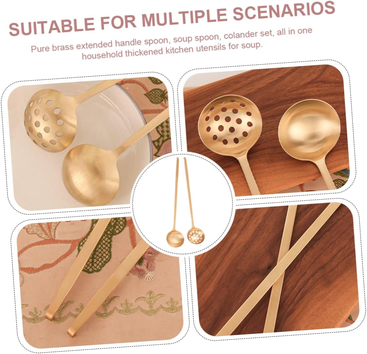 Hemobllo 2Pcs Brass Soup Spoons with Extended Handles Smooth Edge Hot Pot Ladle and Food Serving Colander Ergonomic Grip Capacity Head for Safe Communal Use and Easy Cleaning