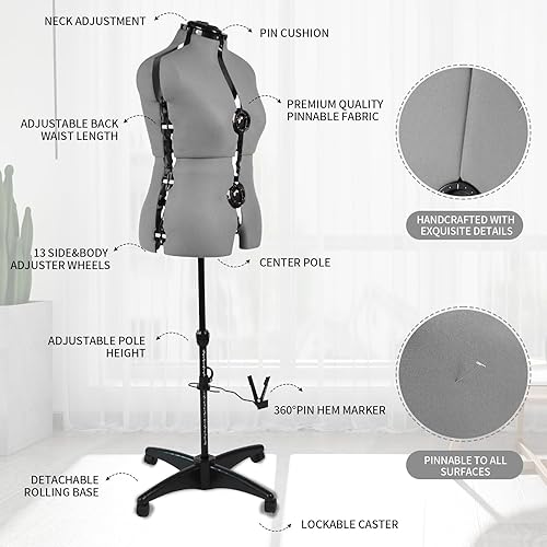 Vista 12 de Maniquí femenino ajustable para coser tallas 12-18, forma de cuerpo pinable con 13 diales, base enrollable desmontable, rango de altura de 42.5 a 60