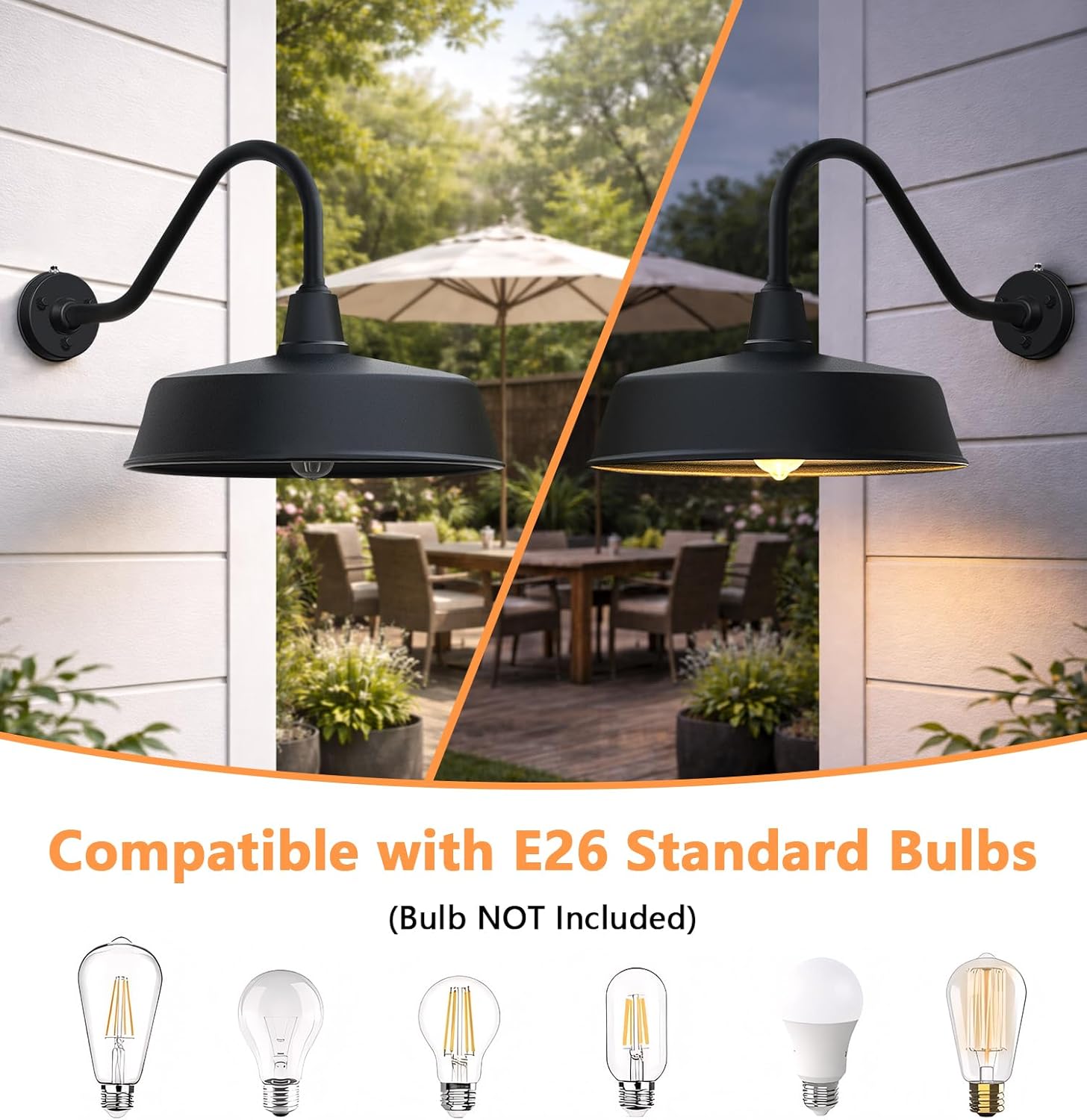 24" Large Classic Outdoor Barn Light Dusk to Dawn, Farmhouse Wall Mount Gooseneck Light for Porches, Houses and Garages. Exterior Light Fixture