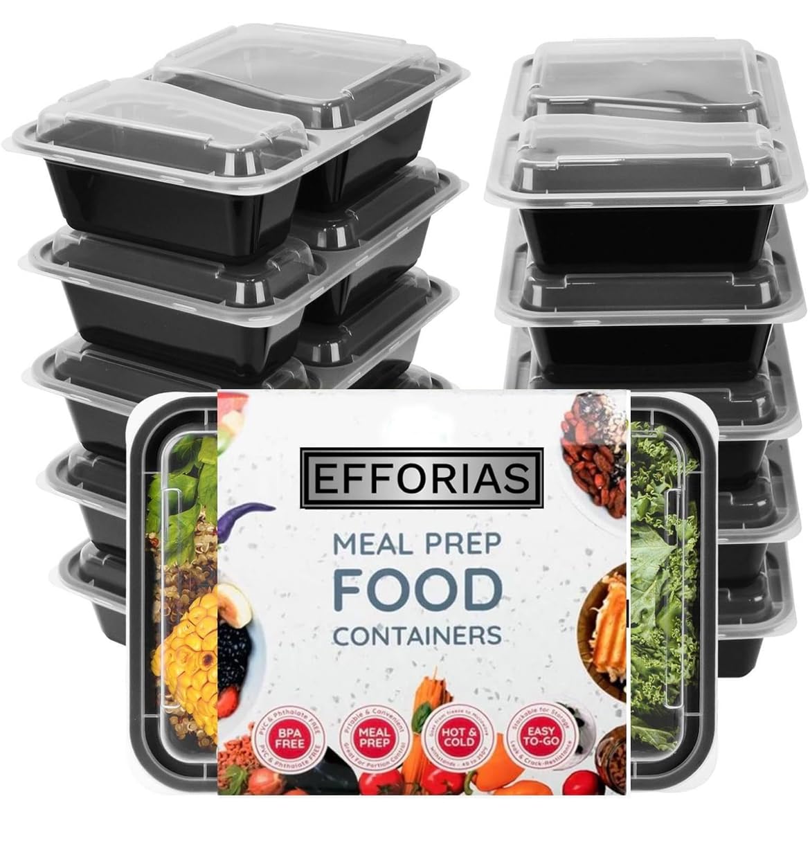 Efforias (30 Pack, 32oz) 2 Compartment Plastic Meal Prep Containers - Reusable BPA Free Food Containers with Airtight Lids - Microwavable, Freezer and Dishwasher Safe