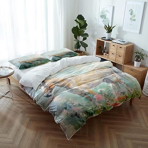 Miniatura 7 de SHOMPE Juego de edredón de caballo para niñas, tamaño individual, ropa de cama floral retro con animales salvajes y caballos al galope, juegos de