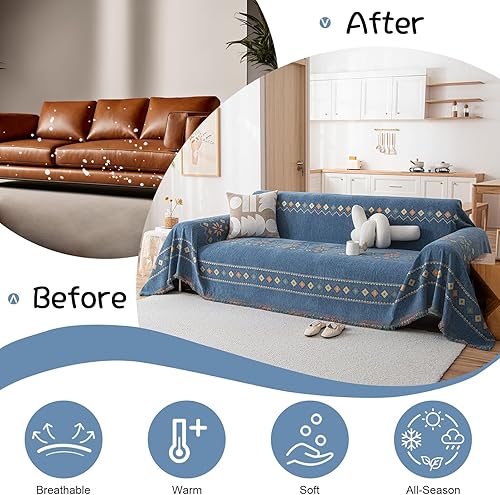 Miniatura 4 de VClife Fundas de sofá para perros, lavables, color azul bohemio, para sofá seccional, funda de sofá antideslizante para sofá de 3 cojines, funda de