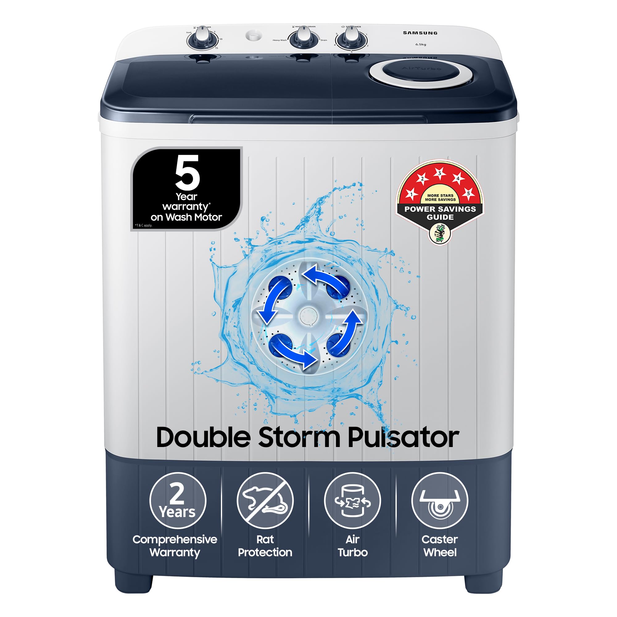 Samsung 6.5 Kg 5 Star Semi-Automatic Top Loading Washing Machine (WT65R2200LL/TL, Blue, Air Turbo Drying System)