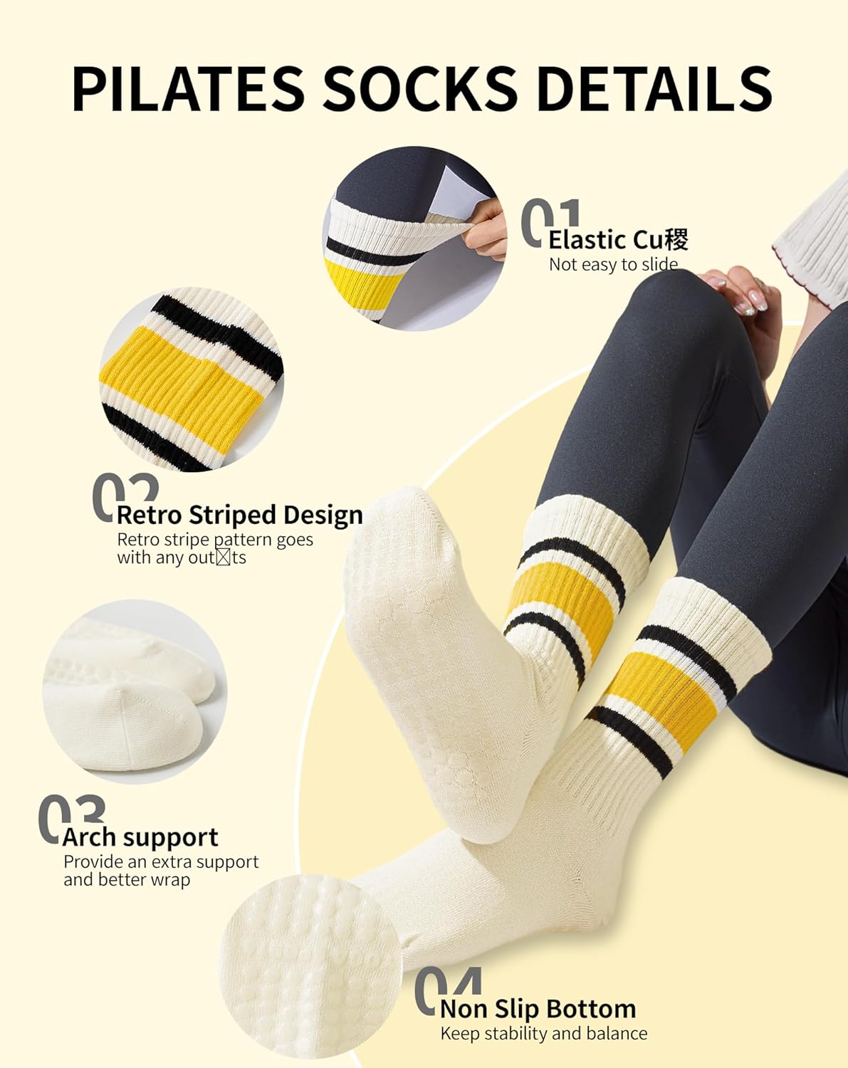 Yawlsow 3 Pairs Pilates Grip Socks for Women Yoga Grippy Striped Retro Crew Socks Non Slip Sticky Barre Sock with Grippers - Image 4