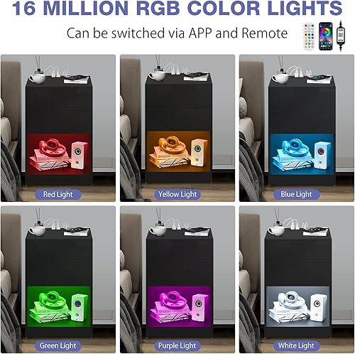 Miniatura 4 de HOMMPA Mesita de noche LED con estante abierto con estación de carga, mesita de noche negra con 2 cajones, mesita de noche con almacenamiento,