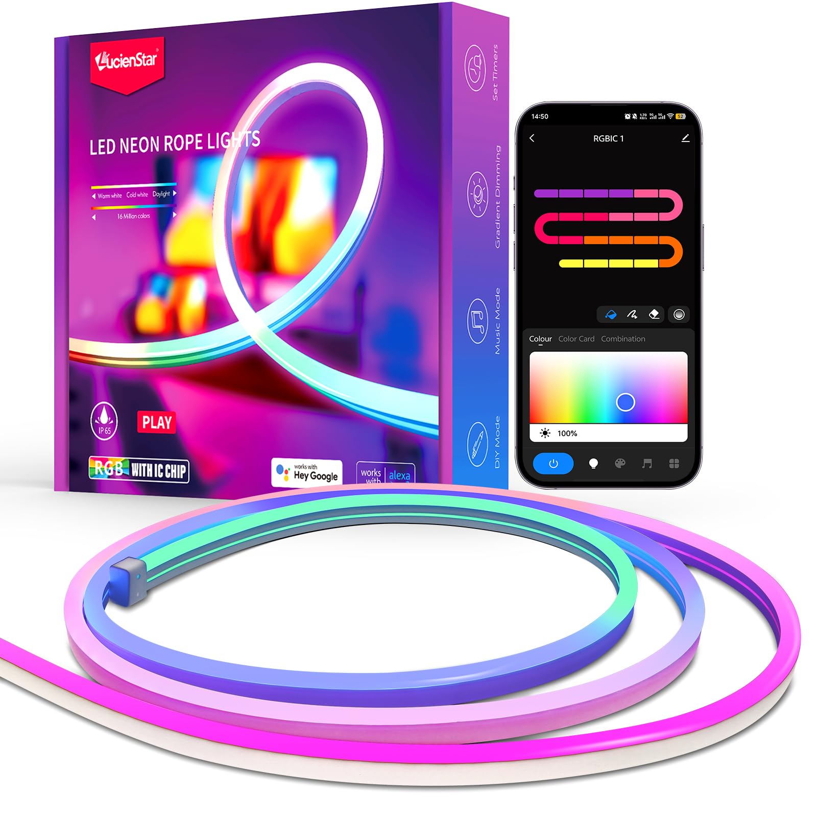 Lucienstar Neon Rope Lights, Smart RGB+IC LED Light Strip, Voice Control via Alexa, Google Assistant, Custom DIY Flexible Neon Lights for Bedroom, Wall Decor, 16.4 ft (2.4G WiFi Only)