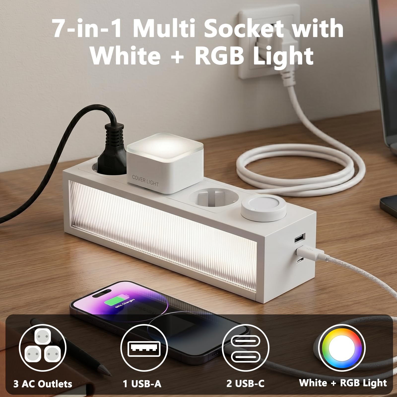 Listwa zasilająca z białym światłem RGB, 7 w 1 gniazdo wtykowe (3 gniazda, 3 USB), gniazdko + światło neonowe + lampka nocna, 3680 W, wtyczka wielokrotna z ochroną przed przepięciem, kabel 1,5 m, do