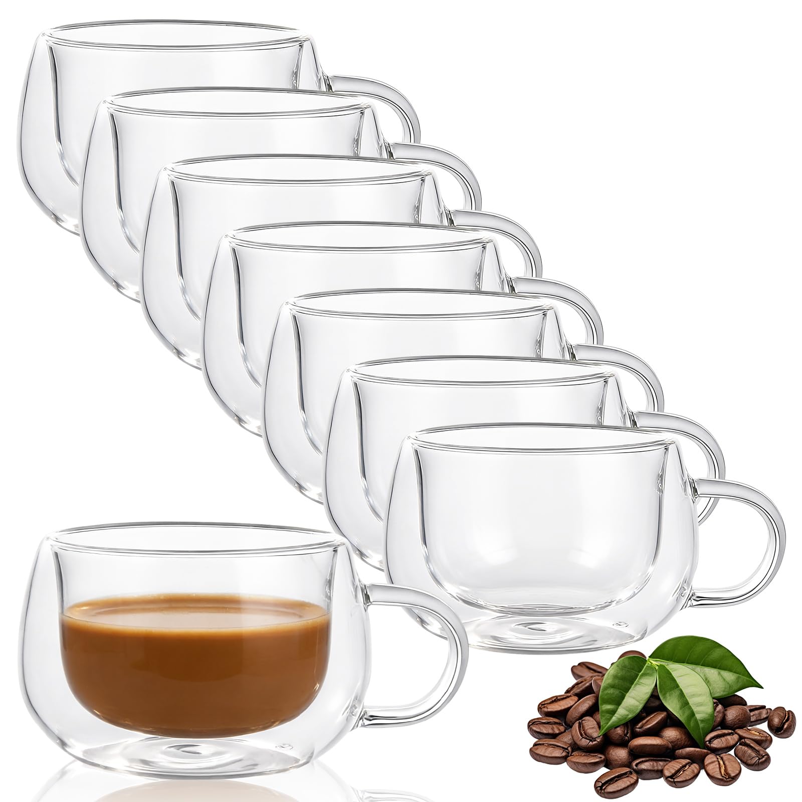 DAJAVE Set of 8 Glass Coffee Mugs 150ml Double Walled Glass Mugs with Handle Coffee Glass Cups for Hot Drinks, Latte, Cappuccino, Tea, Milk, Juice