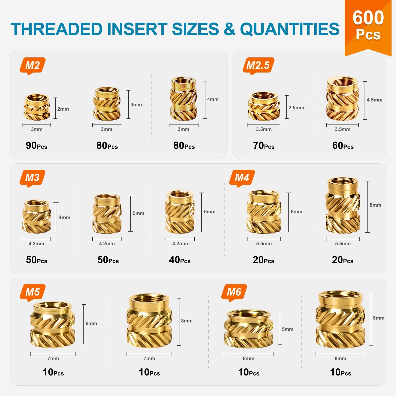 Threaded Inserts for 3D Printing - 607 Pcs -6 Threaded Inserts for 3D Printing - 607 Pcs -6